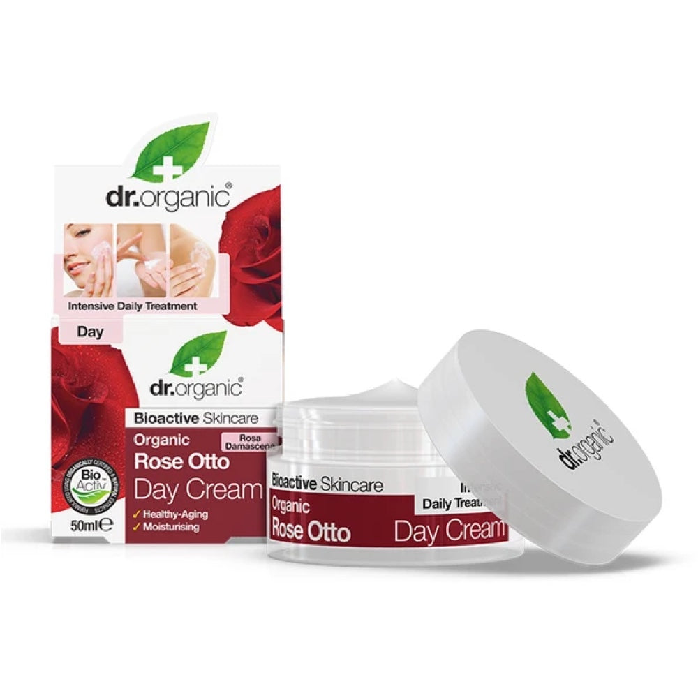 DR ORGANIC Rose Otto Day Cream 50ml - Hydrating & Anti-Aging Facial Moisturizer for Dry Skin, Daytime Use with SPF Protection