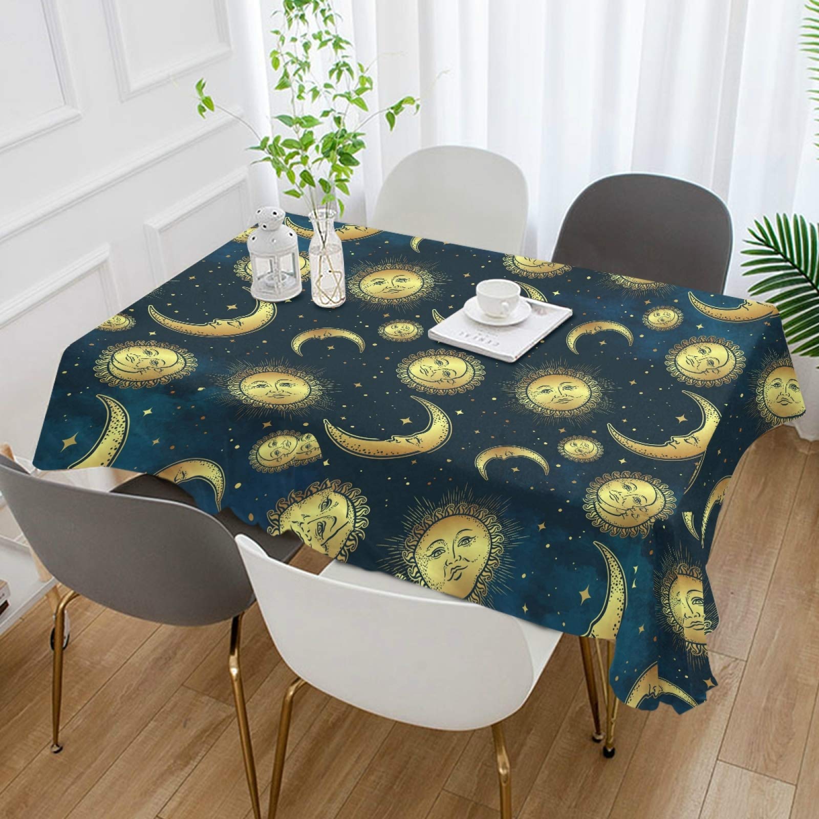 ALAZA Gold Moon Sun & Star Bohemian Tablecloth - 54 x 54 Inch Square Wrinkle-Resistant Table Cover for Dining, Kitchen, Parties & Outdoor Picnics | Perfect for Boho Decor, Wedding Receptions & Holiday Gatherings