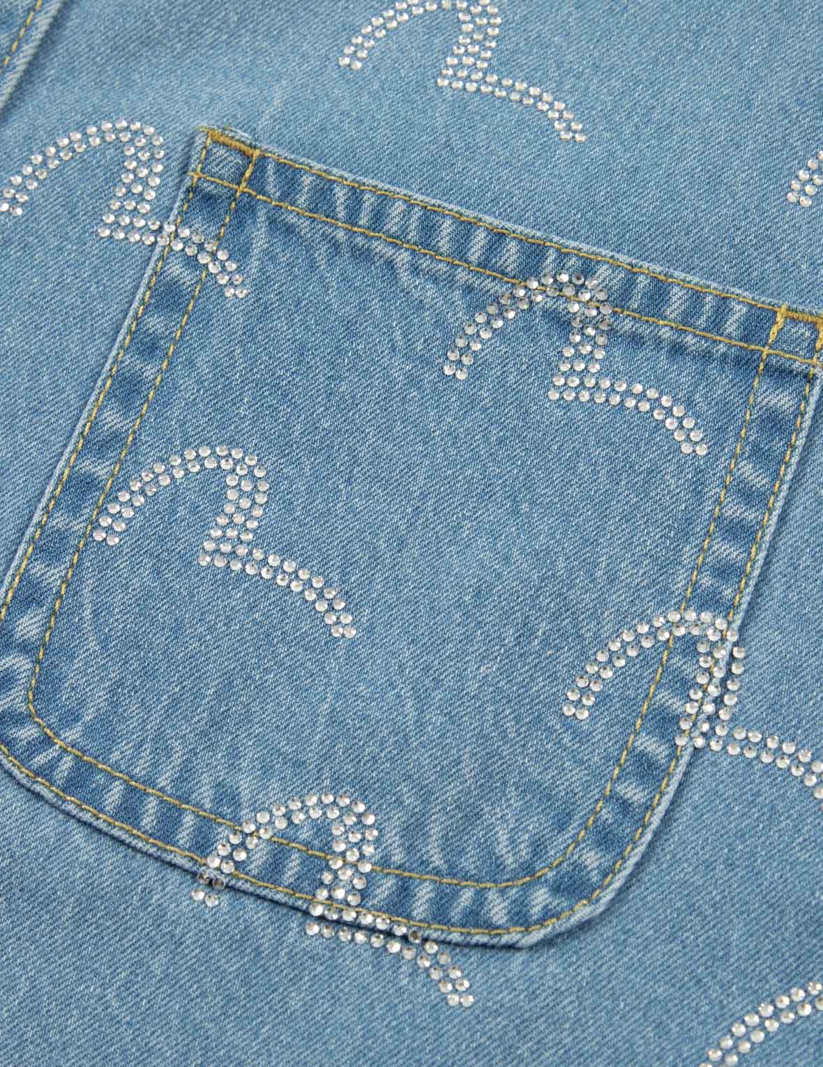 Sparkling Rhinestone Seagull Embroidered Denim Shirt for Women - Trendy Distressed Fit Casual Top for Beach Outings & Nightlife