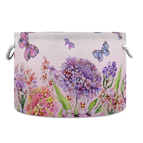Colorful Butterfly Large Storage Basket for Toys, Blankets & Laundry - Collapsible Cotton Rope Organizer Bin with Vivid Iberis Pink Flowers - Perfect for Nursery, Kids Room & Home Decor (Round Design, Multi-Purpose)