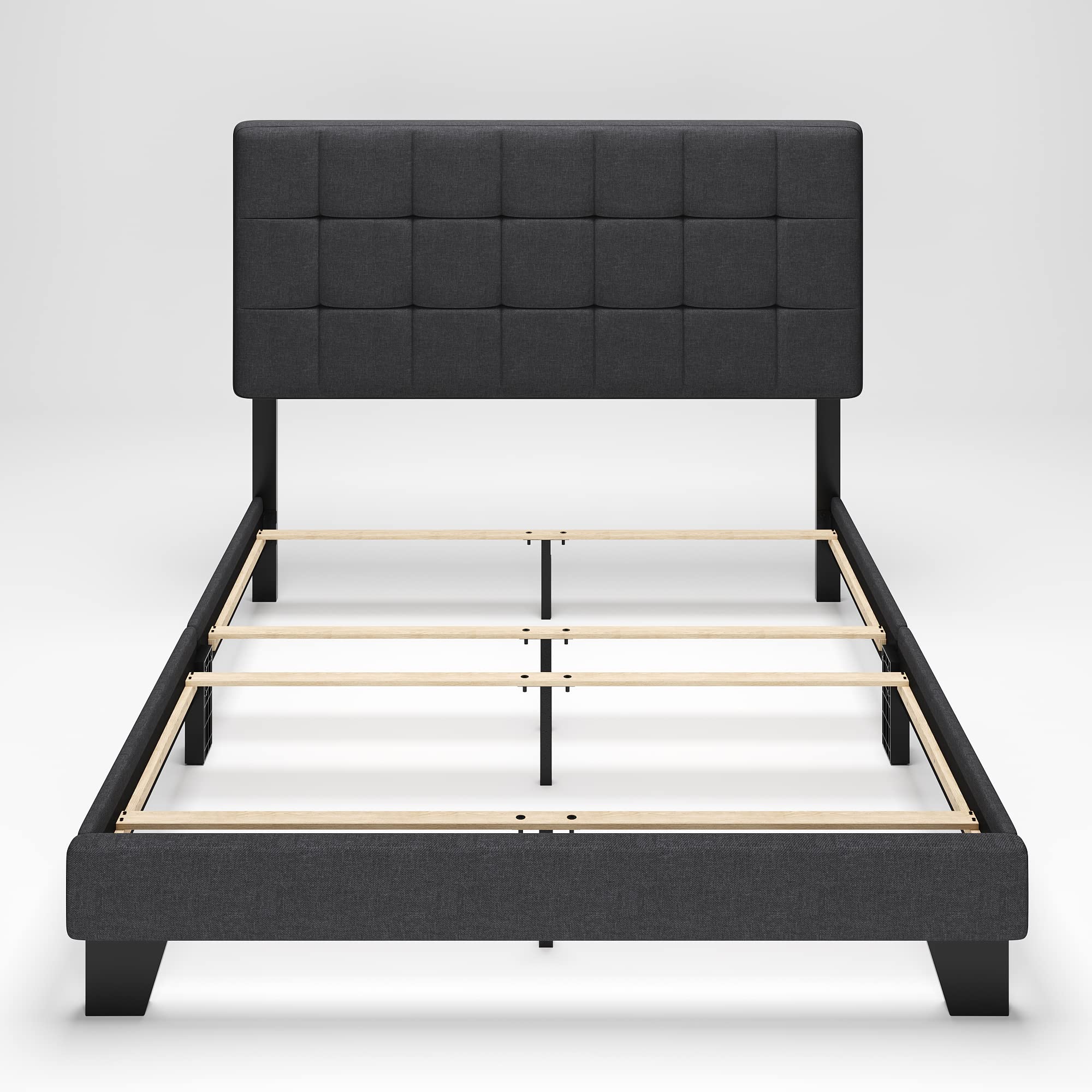HOOMIC Queen Size Upholstered Panel Bed Frame with Adjustable Tufted Headboard - Easy Assembly, Grey Fabric Bedroom Furniture for Master Bedroom or Guest Room