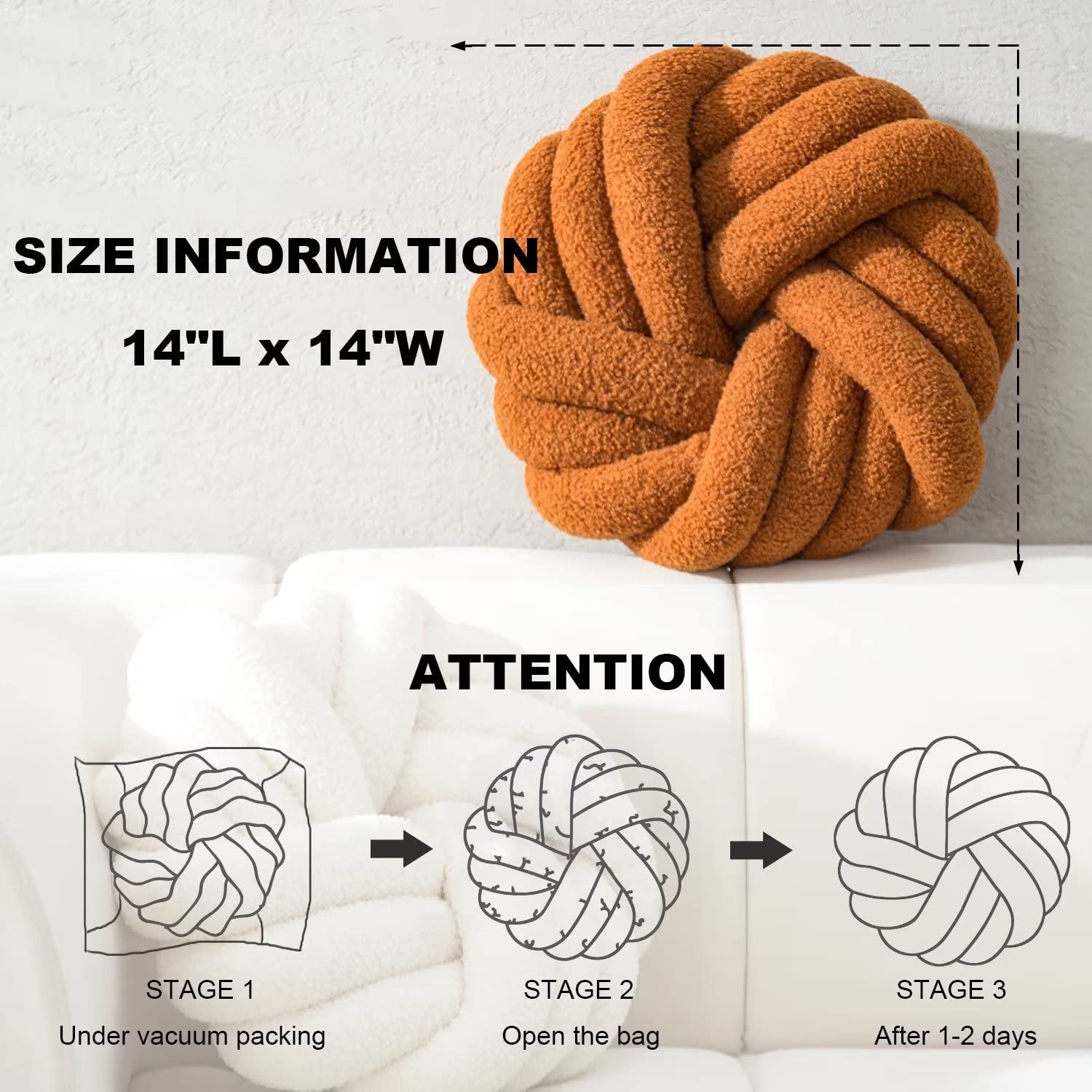Handmade White Knotted Round Throw Pillow - 14 Inch Plush Knot Decorative Cushion for Couch, Bed & Living Room | Cozy Floor Pillow for Home Decor & Relaxation