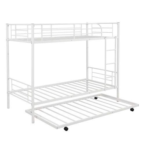 Twin-Over-Twin Metal Bunk Bed with Trundle, Ladders & Safety Rails - Converts to 2 Separate Beds, No Box Spring Required (White) | Perfect for Kids' Rooms, Guest Rooms & Small Spaces