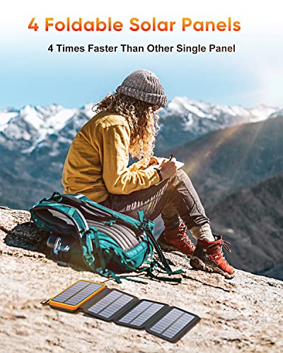 25000mAh Solar Power Bank with QC3.0 Fast Charging - Waterproof Portable Charger with 4 Foldable Solar Panels, Type C Input/Output for Camping, Hiking & Emergency Power Backup