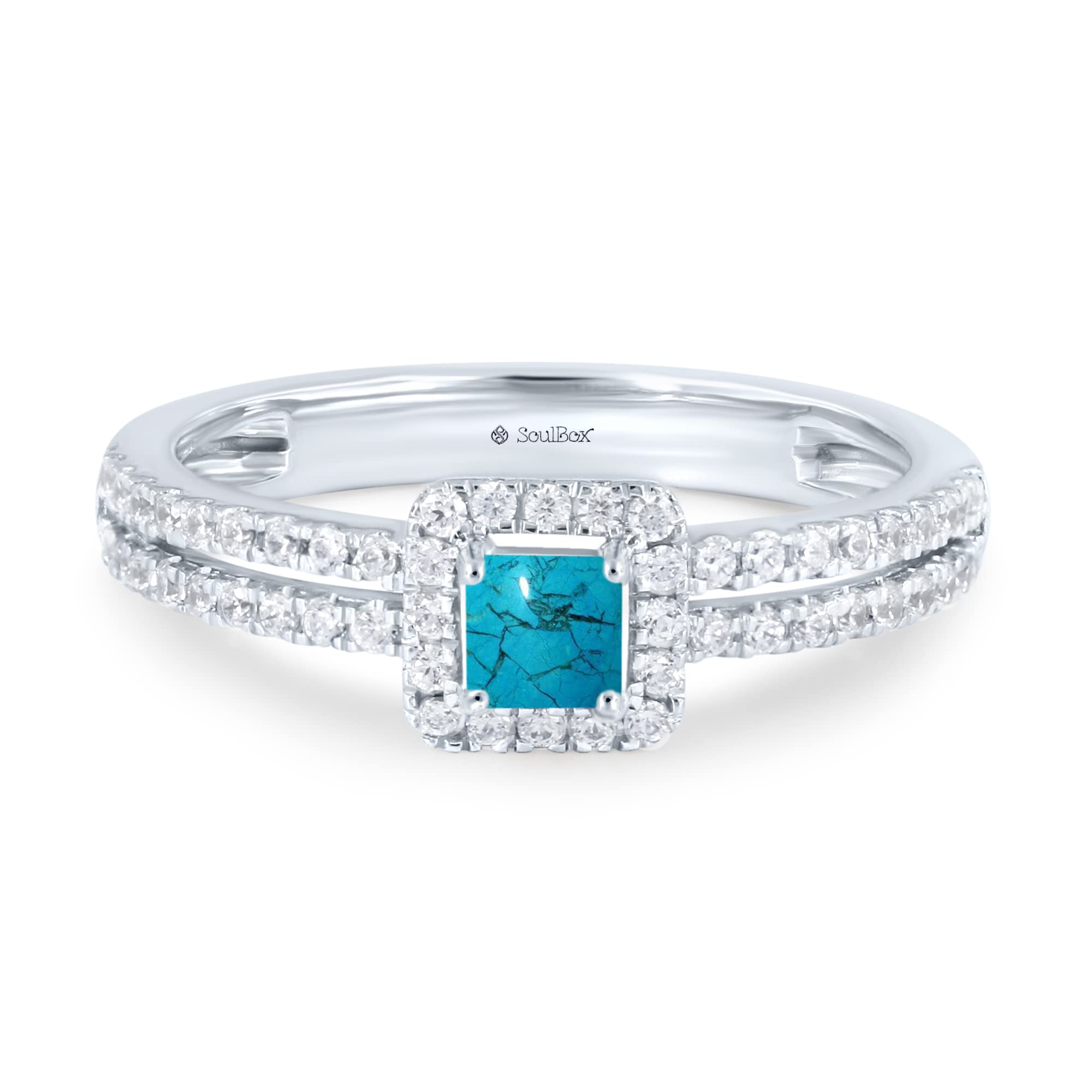 0.54 Carat Natural Princess Turquoise & Diamond Halo Engagement Ring for Women - Handcrafted Sterling Silver Wedding Band, Unique Promise Ring, Anniversary Gift for Her - Perfect for Proposals, Valentine's Day & Special Occasions