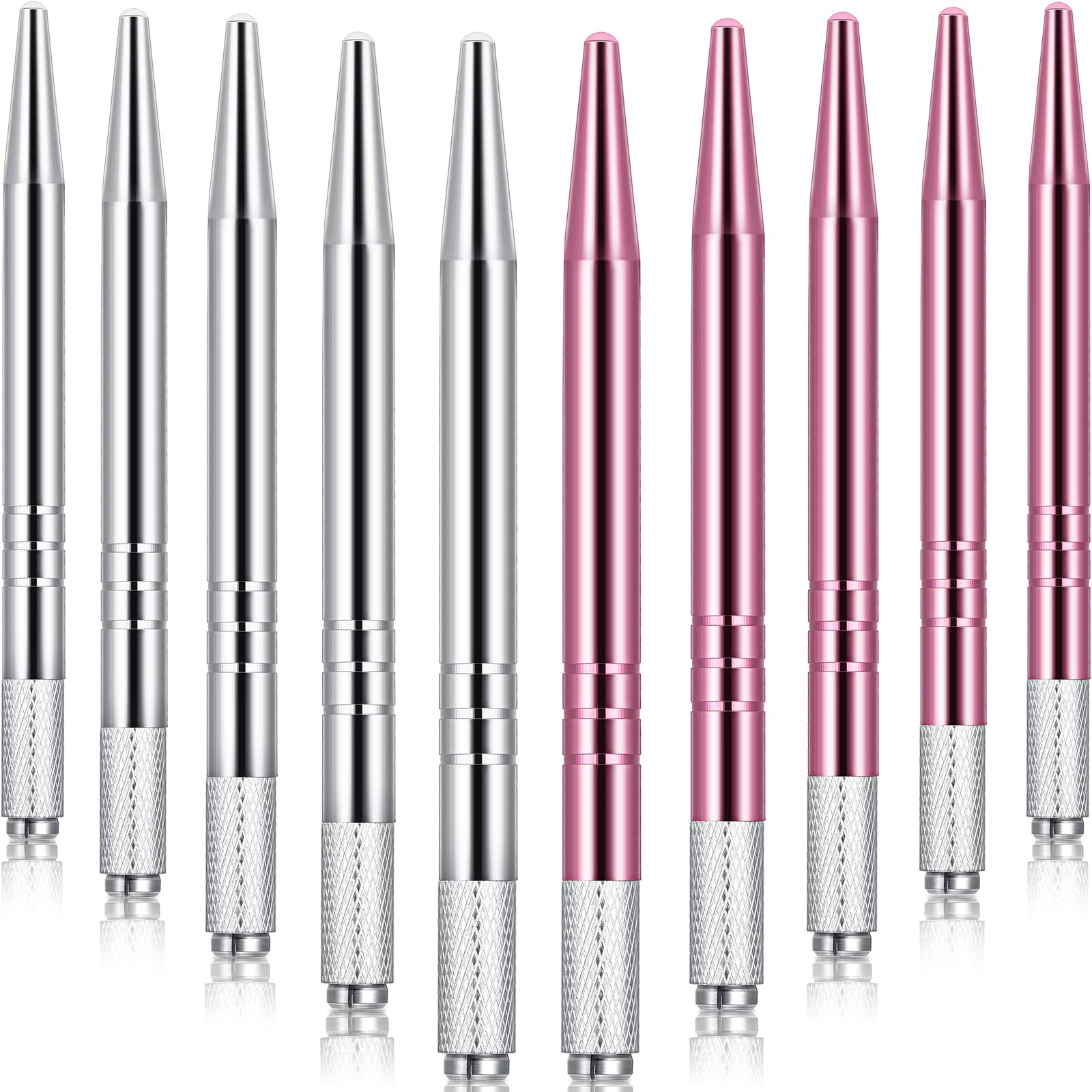 10-Piece Microblading Pen Set - Manual Eyebrow Microblade Tools with Aluminum Handles (Silver & Pink) - Professional Salon-Grade Makeup Supplies for Eyebrow Shaping & Permanent Makeup Application