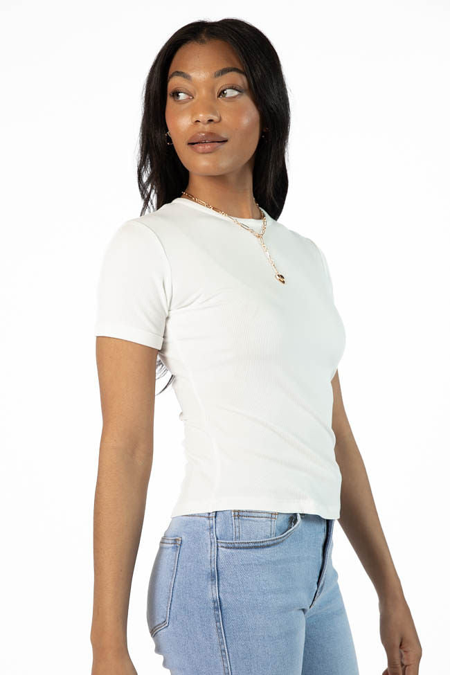 Everyday Essential Ivory Ribbed Crew Neck Tee - Soft Cotton Basic T-Shirt for Women | Casual Wear, Layering & Everyday Comfort