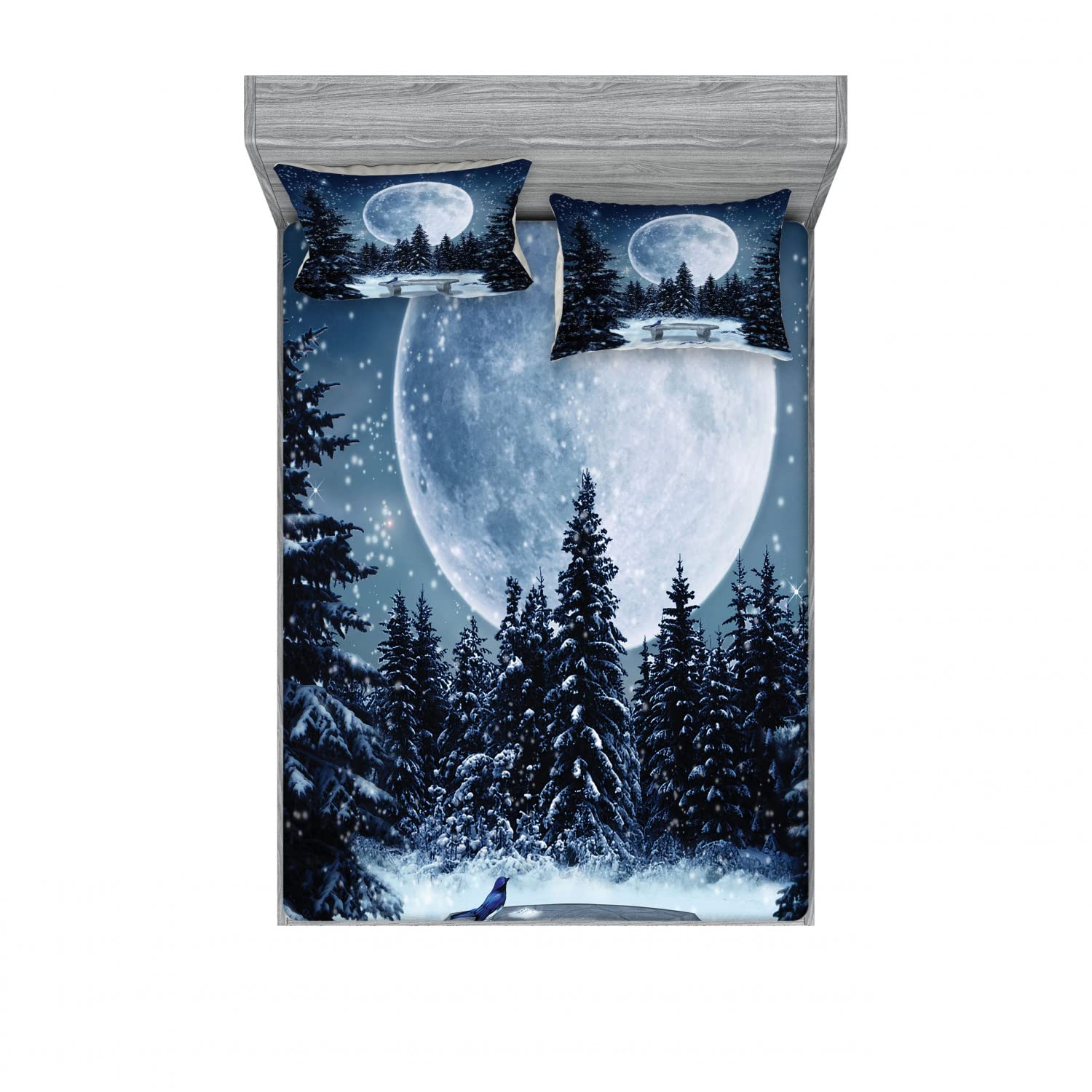 Ambesonne 2-Pack Queen Size Fitted Sheet & Pillow Sham Set - Moonlight Forest Bird Design, Blue & White 4-Piece Bedding Set (2 Fitted Sheets + 4 Pillow Covers) | Perfect for Guest Rooms, Vacation Homes & Cozy Bedroom Decor