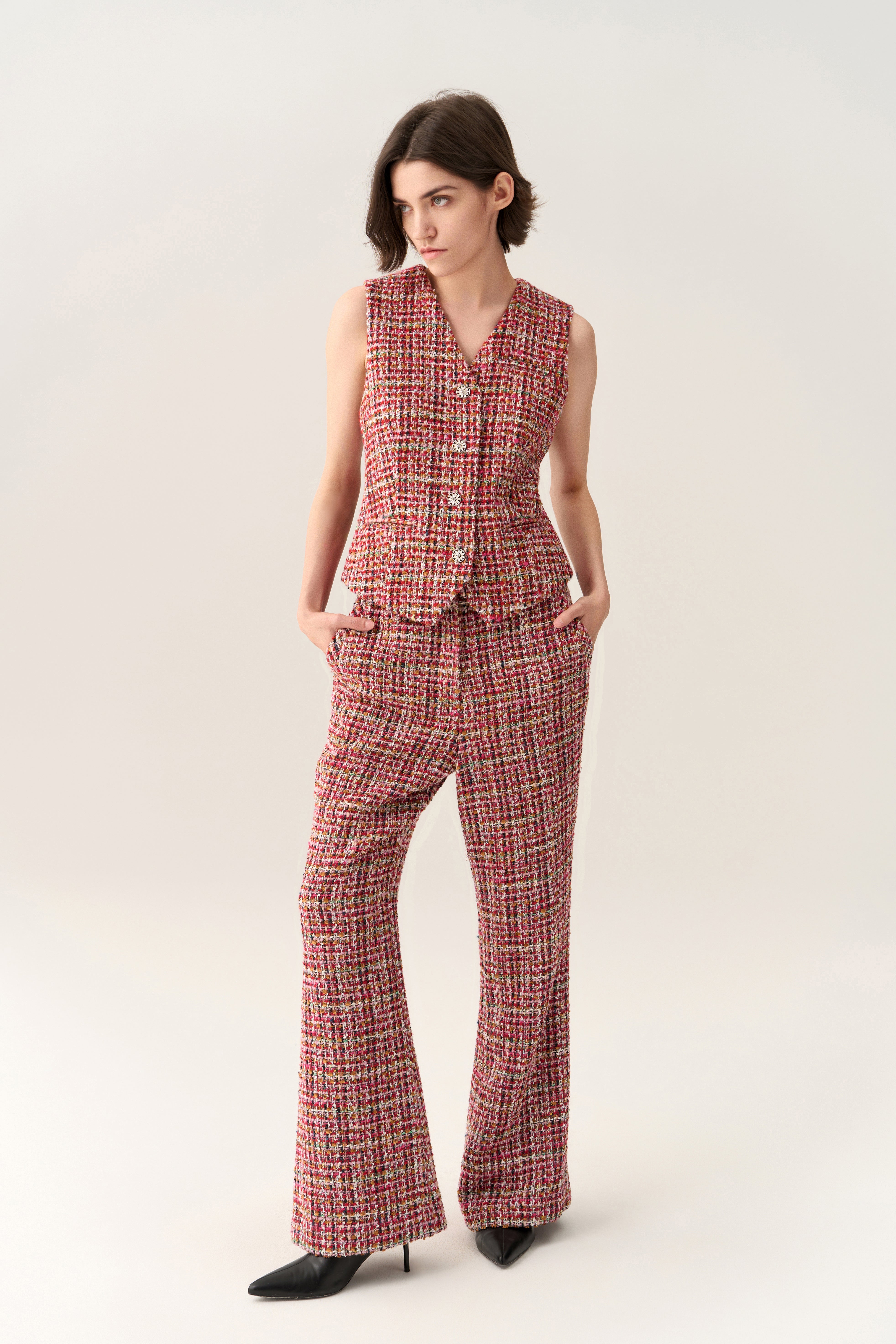 Elegant Checked Crystal Button Waistcoat Vest for Women - Formal Office Wear & Evening Party Outfits