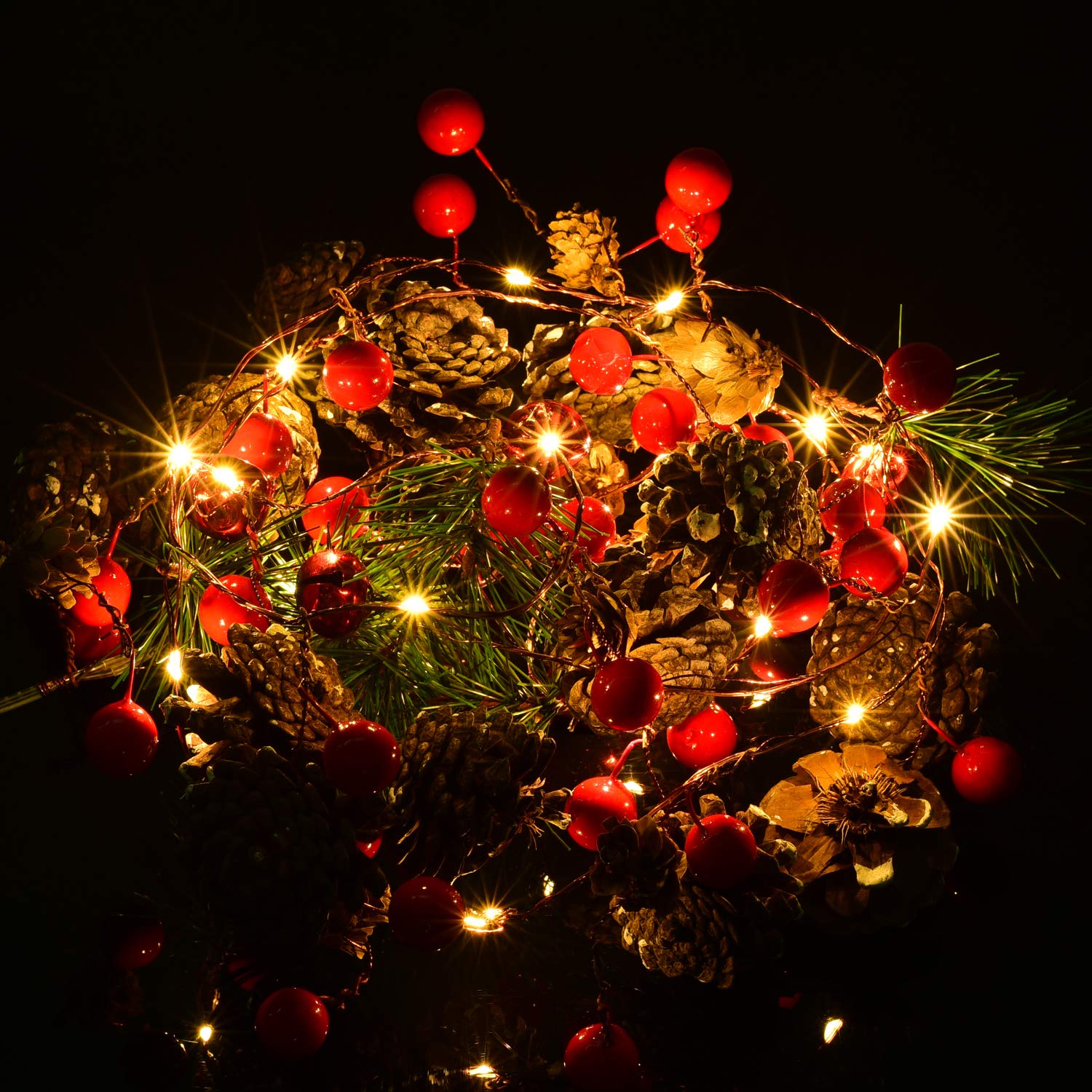 DearHouse 6.7FT Christmas Garland with 20 LED Lights - Battery Operated Red Berry Pine Cone Garland String Lights for Fireplace, Mantel, and Holiday Home Decor | Indoor/Outdoor Christmas Tree & Window Decoration