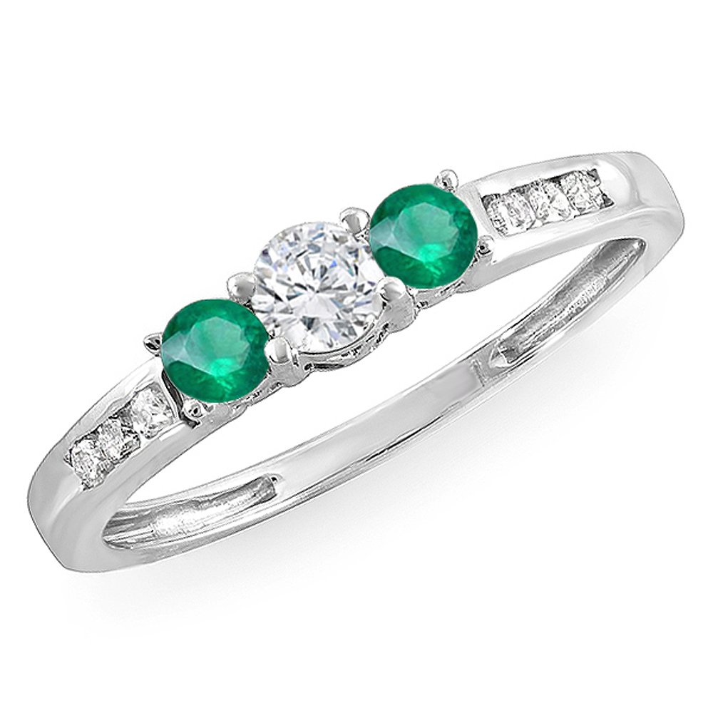 Dazzlingrock Collection 10K White Gold Round Emerald & White Diamond 3 Stone Engagement Ring for Women – Perfect for Bridal, Wedding, and Anniversary Gifts
