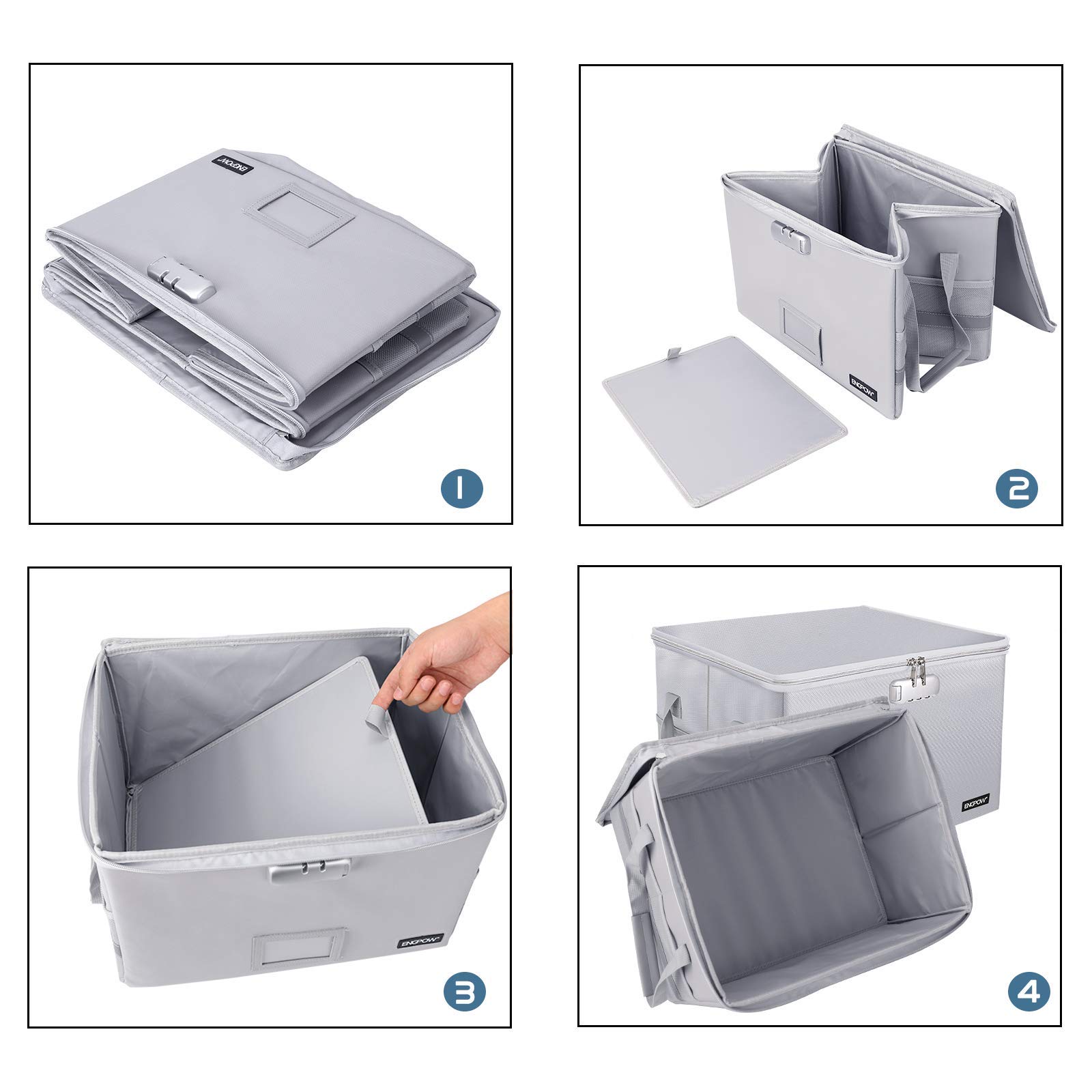 Fireproof Document Box with Lock - Collapsible File Storage Organizer with Zippers & Handle - Portable Home Office Safe for Hanging Files, Legal Folders & Important Papers (Silver) | Ideal for Home, Office & Travel Document Protection