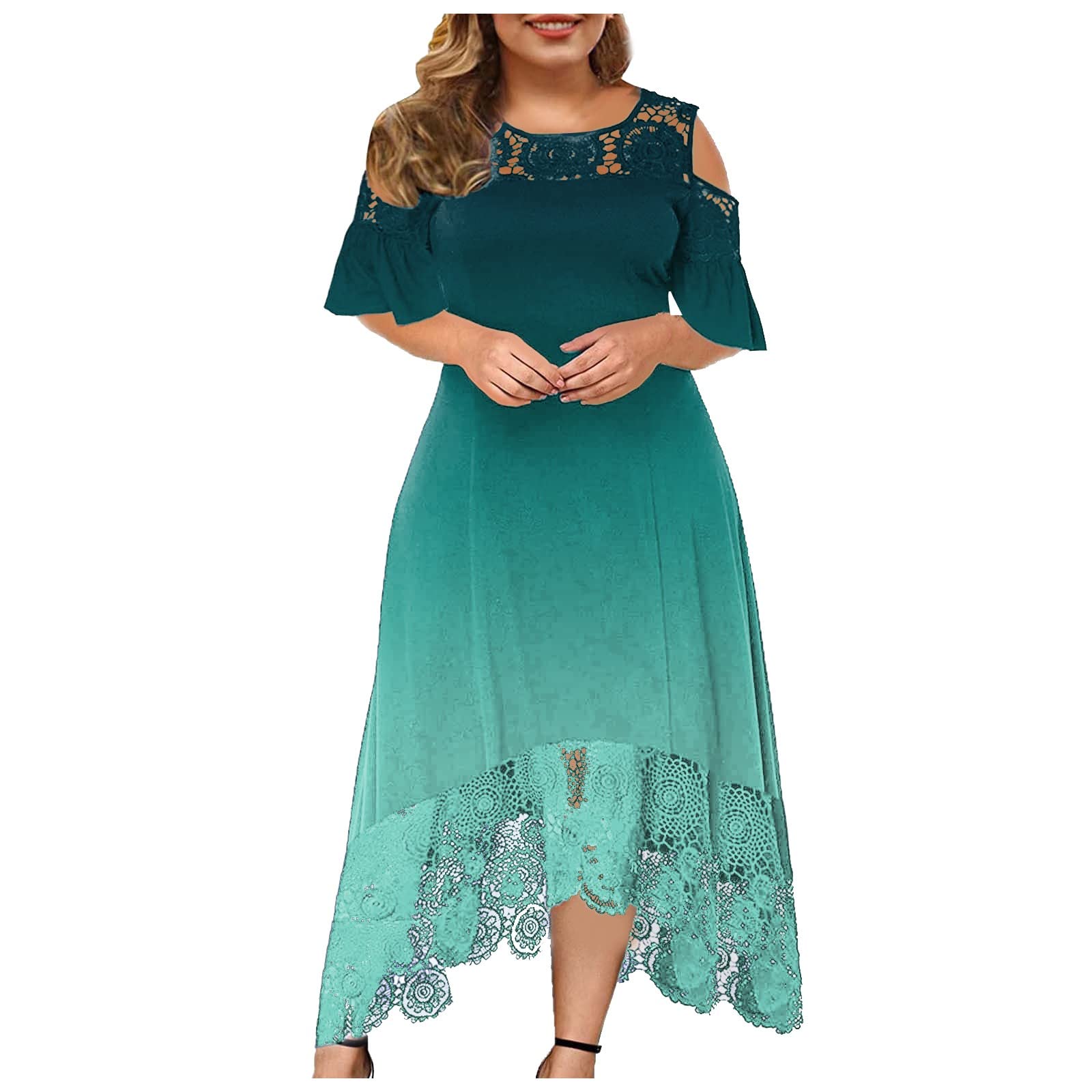 Elegant Plus Size Wedding Guest Dress for Women - Cocktail Evening Dress with Cold Shoulder & Short Sleeve Lace Design | Perfect for Summer Parties, Bridal Showers & Formal Events