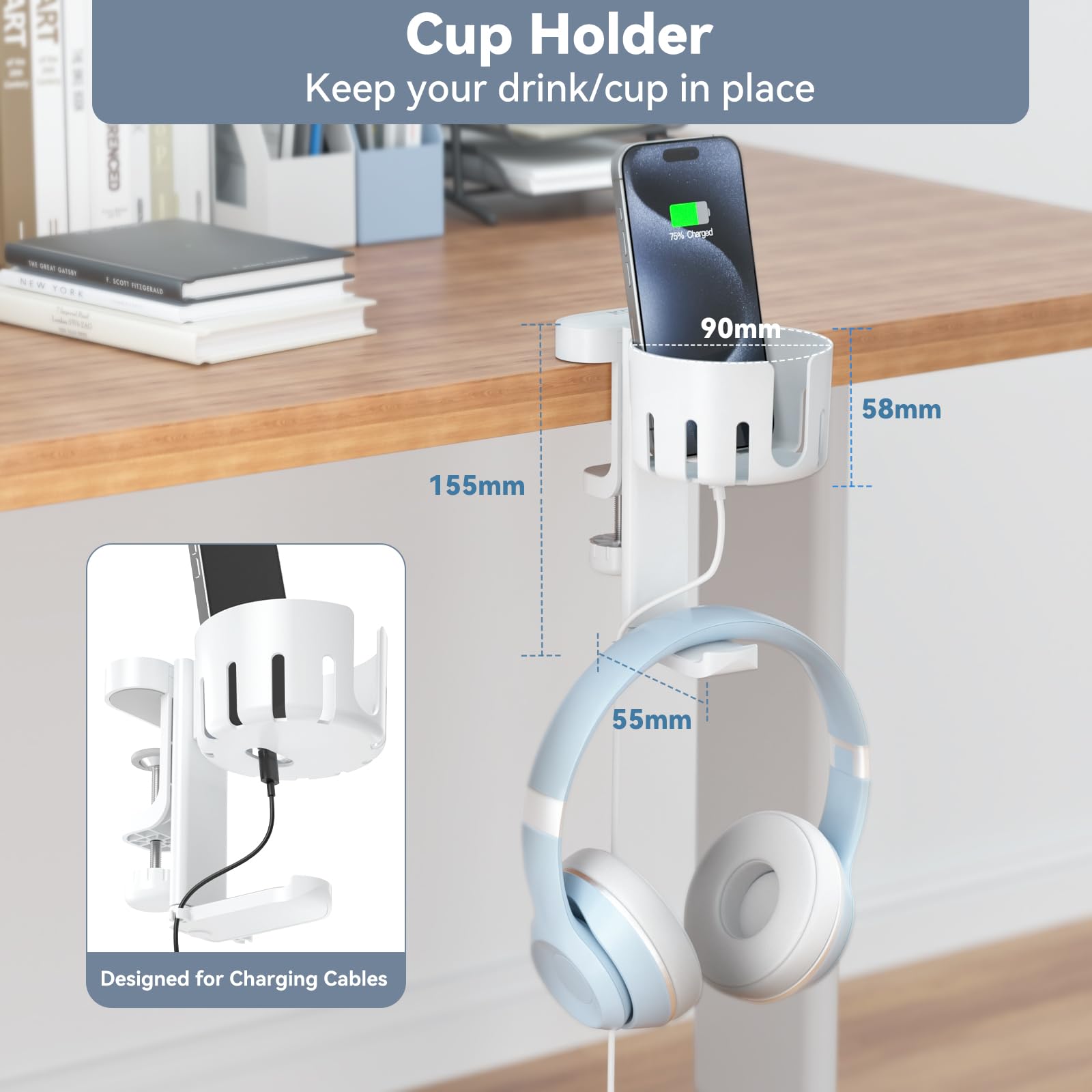 2 in 1 Rotatable Under Desk Headphone Hanger & Cup Holder - Space Saving Clamp Mount for Gaming Headsets, Coffee Mugs & Water Bottles - Perfect for Home Office, Gaming Setup & Workspace Organization (White)