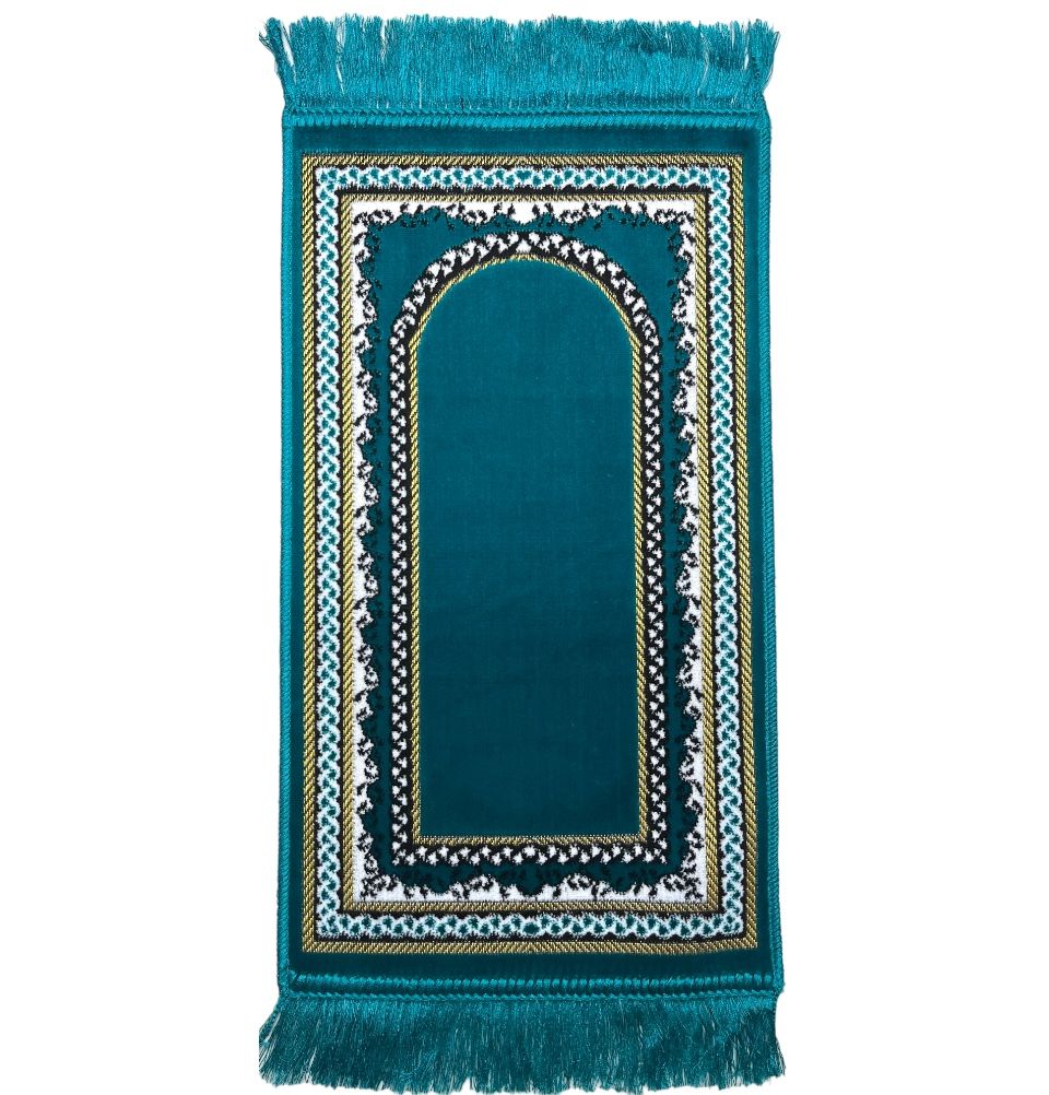 Premium Child Velvet Islamic Prayer Rug with Vine Border Arch Design in Turquoise - Perfect for Kids' Prayer, Home Worship, and Gift Giving