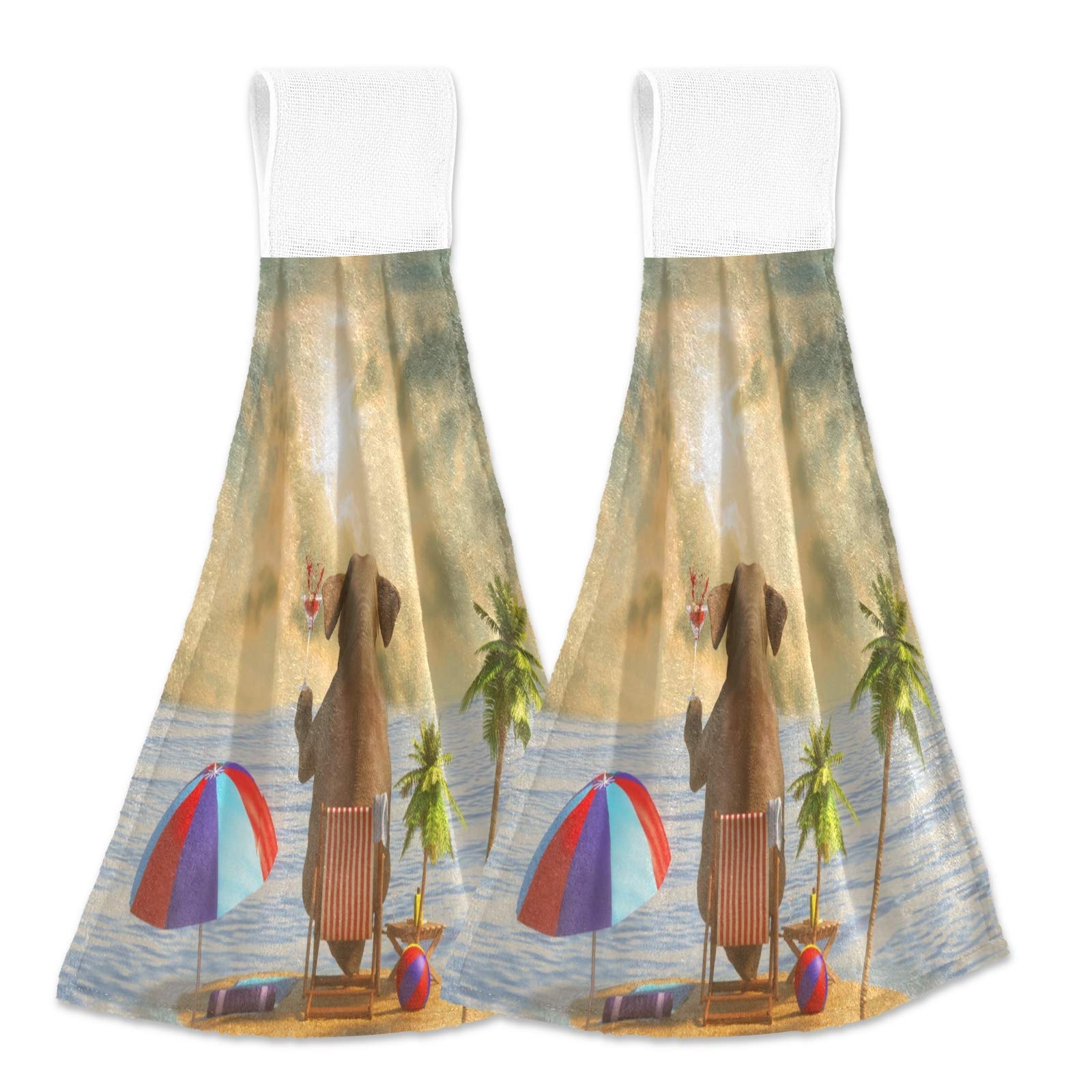 Alaza 2-Pack Kitchen Towels - Super Absorbent Elephant & Palm Tree Design Hanging Hand Towels for Kitchen, Bathroom & Beach House Decor
