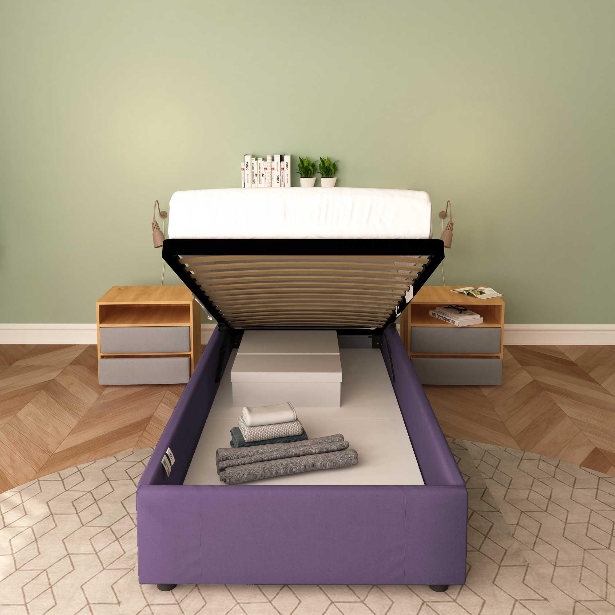 Baldiflex Cloe Square and Half Bed with Fabric Storage, No Headboard, Slatted Base for Mattresses, 100 x 200 cm, Purple - Perfect for Small Bedrooms, Guest Rooms, and Studio Apartments
