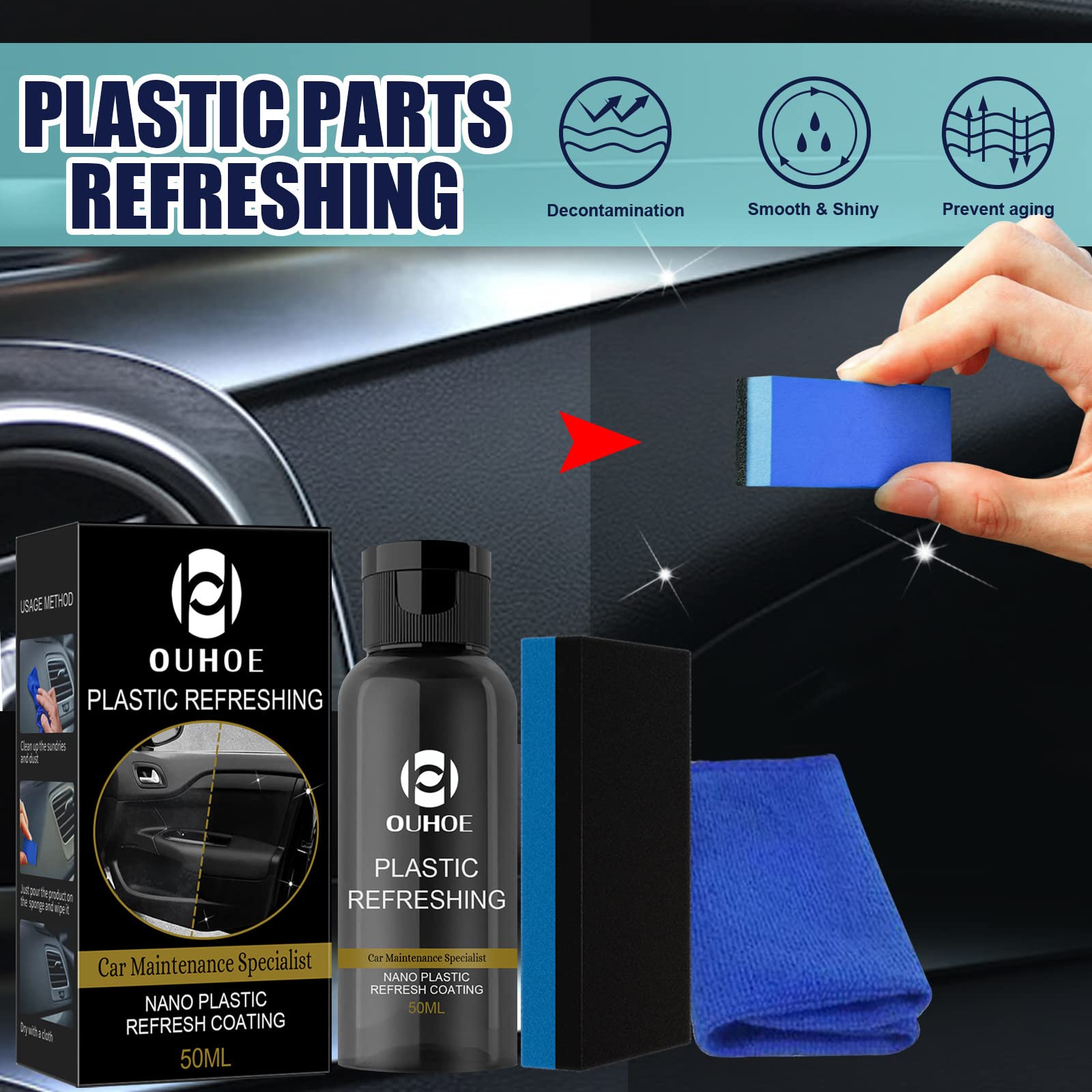 Ouhoe Ultimate Nano Plastic Restorer Kit (30ML-3PCS) - Car Dashboard & Trim Revitalizer, Plastic Refinishing Agent for Interior/Exterior Restoration - Perfect for Scratches, Fading & Oxidation Repair on Vehicles, Boats & Motorcycles