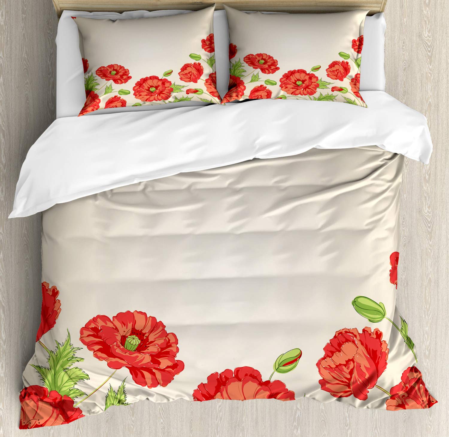 Ambesonne Floral Duvet Cover Set King Size - Red and Beige Poppy Flowers Pattern, 3 Piece Bedding Set with 2 Pillow Shams, Botanical Artwork for Modern Bedroom Decor | Perfect for Master Bedroom, Guest Room, and Farmhouse Style Homes