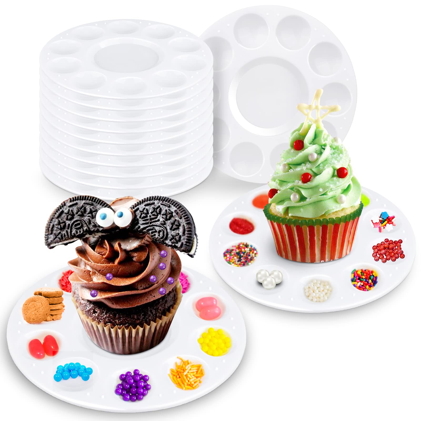 AIERSA 10-Piece Cupcake Decorating Plates Set for Kids Birthday Parties - Non-Slip Dessert Sprinkles Tray with 10 Wells - Fun Baking Supplies for Birthday Cakes, Cupcakes & Party Treats - Perfect for DIY Decorating, Classroom Activities & Family Baking Time