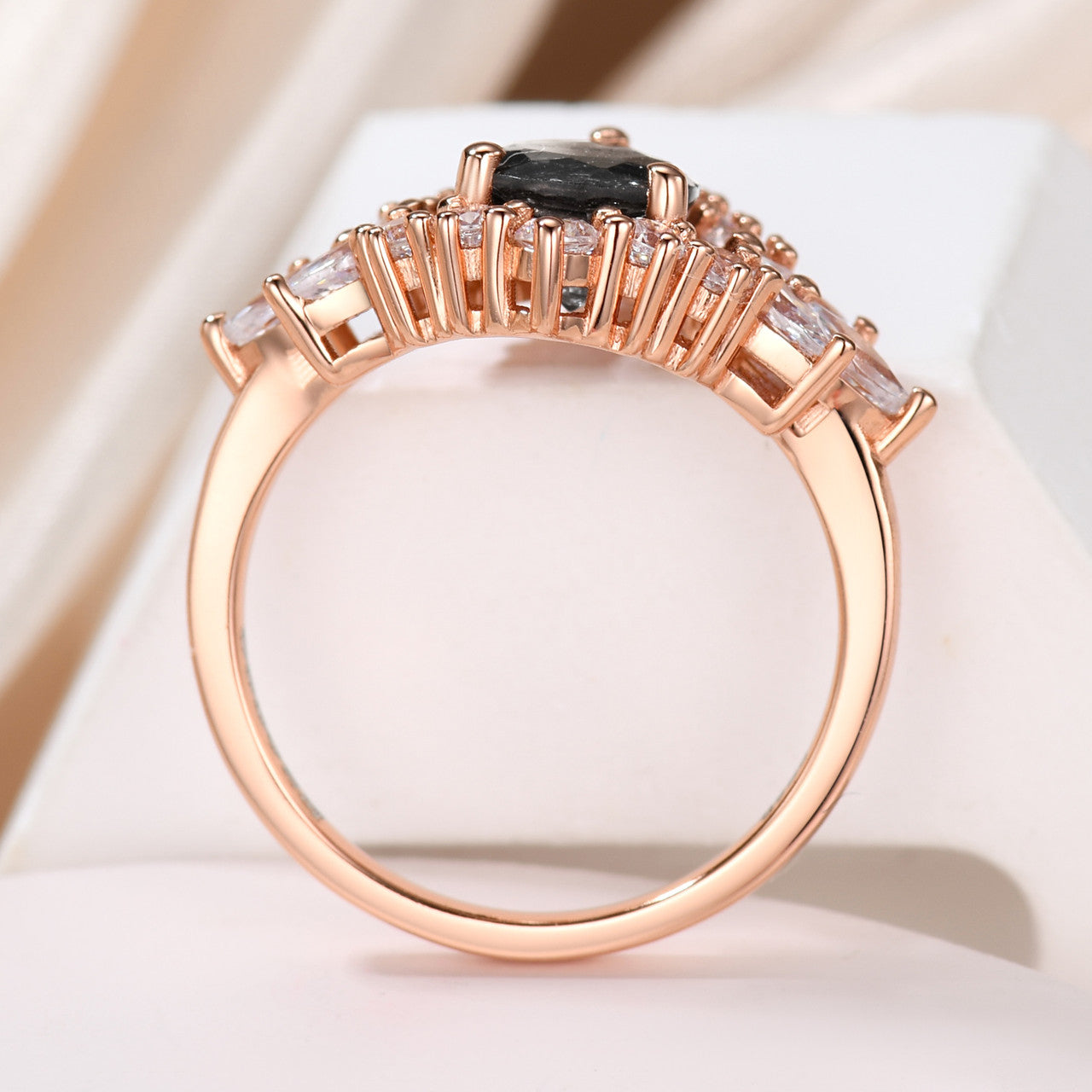 Natural Black Rutile Quartz Pear Ring with Diamond Cluster - Unique Engagement Ring for Women, Wedding, Anniversary & Special Occasions