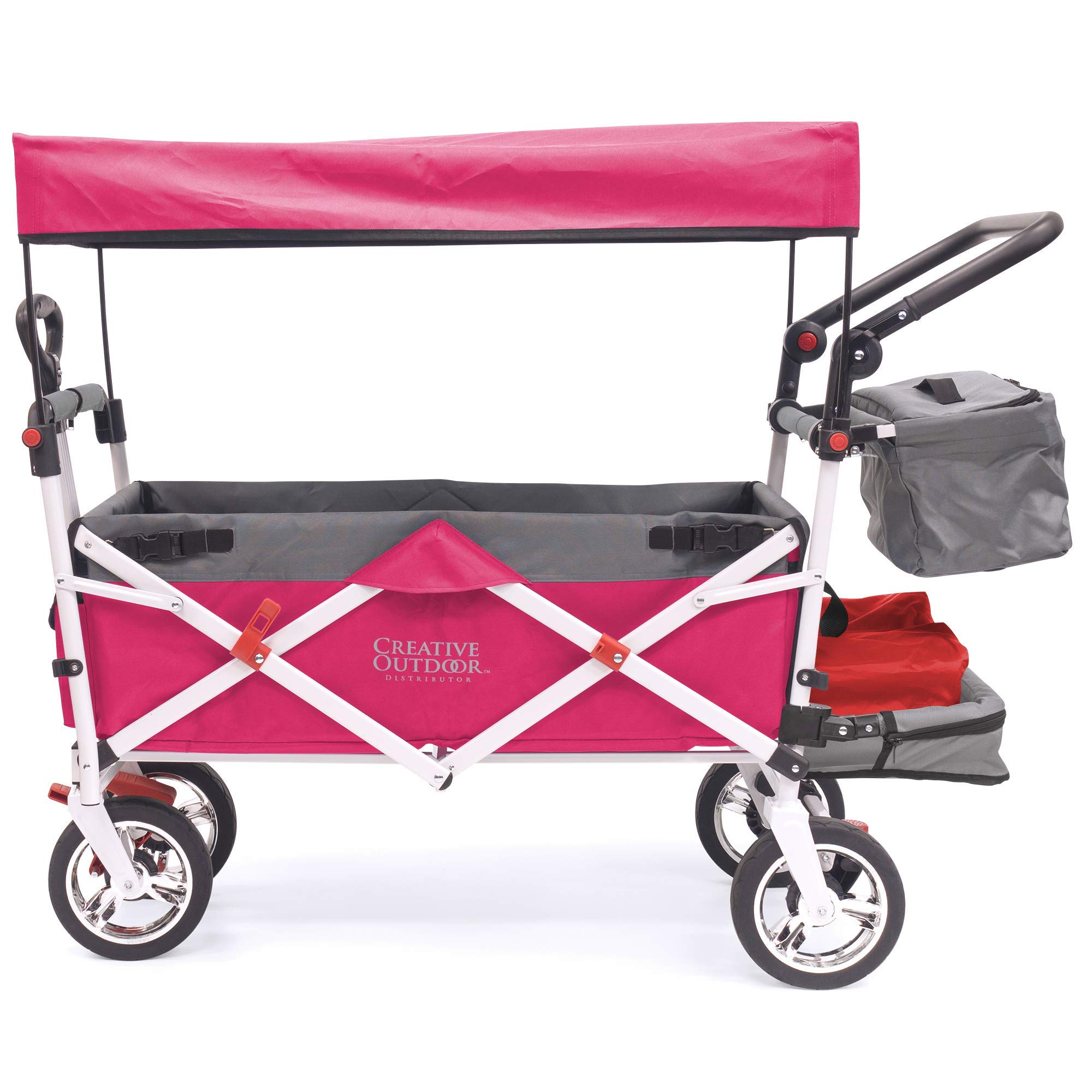 Creative Outdoor Wagon for Kids - Push & Pull Collapsible Stroller with Canopy | Foldable Wagon for Beach, Park, Garden & Tailgate Parties | Silver Series Plus in Pink | Perfect for Family Outings, Picnics & Outdoor Adventures