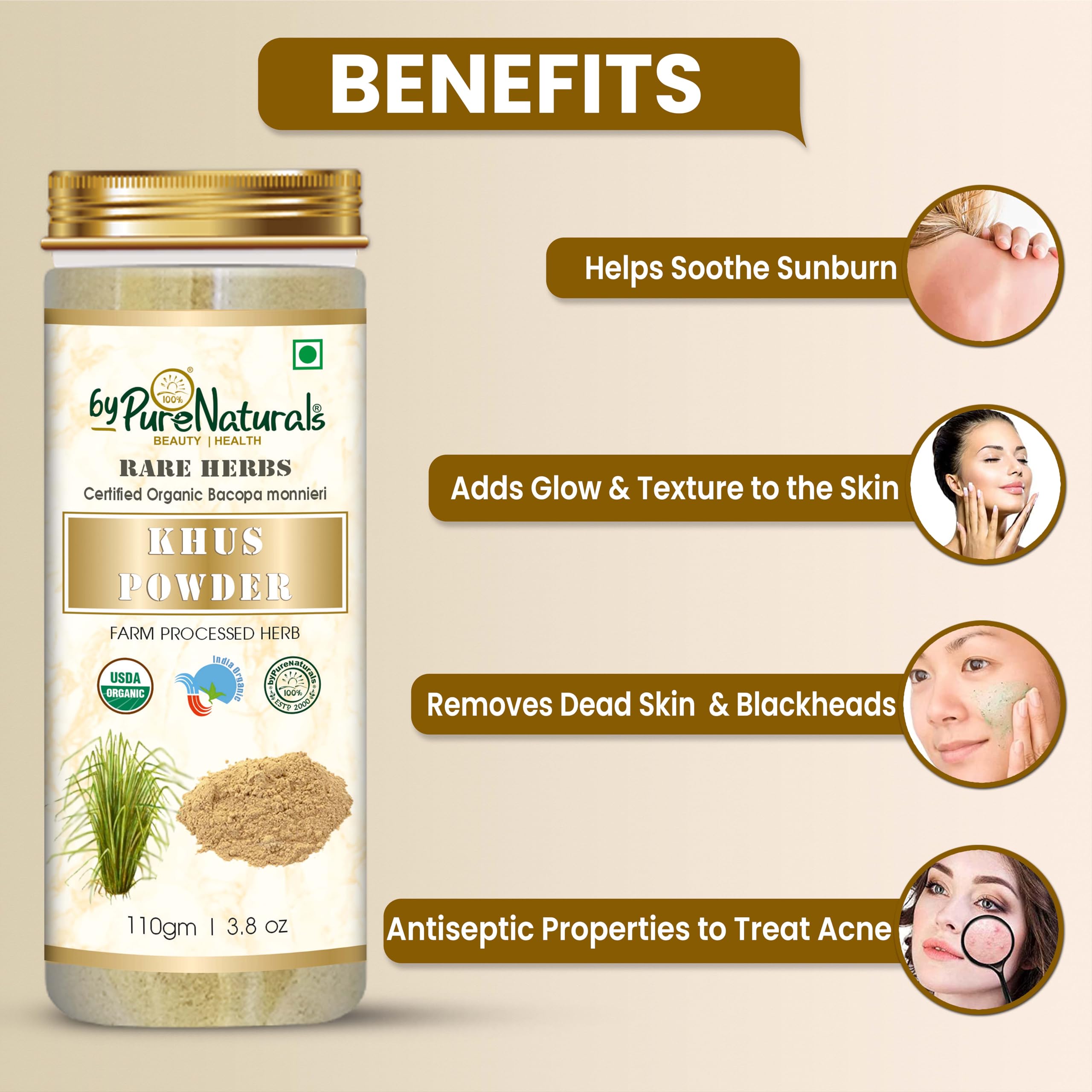 Organic Vetiver Root Powder (Khus Powder) 110gm – Natural Skin & Hair Care for All Skin Types | Face Mask, Hair Growth, Aromatherapy | Men & Women | Perfect for DIY Beauty, Spa & Relaxation at Home