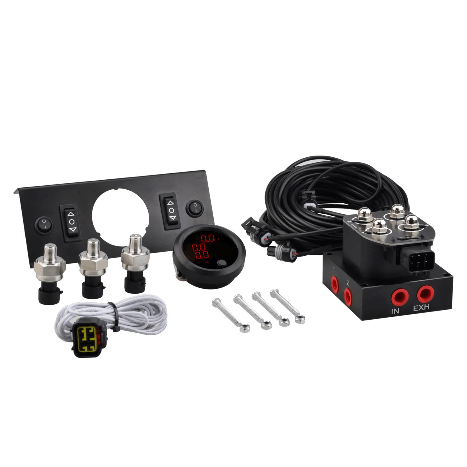 12V 4-Way Solenoid Air Ride Suspension Manifold Valve Kit with Control Panel & Pressure Gauge - Perfect for Truck, SUV, and Custom Car Air Suspension Systems