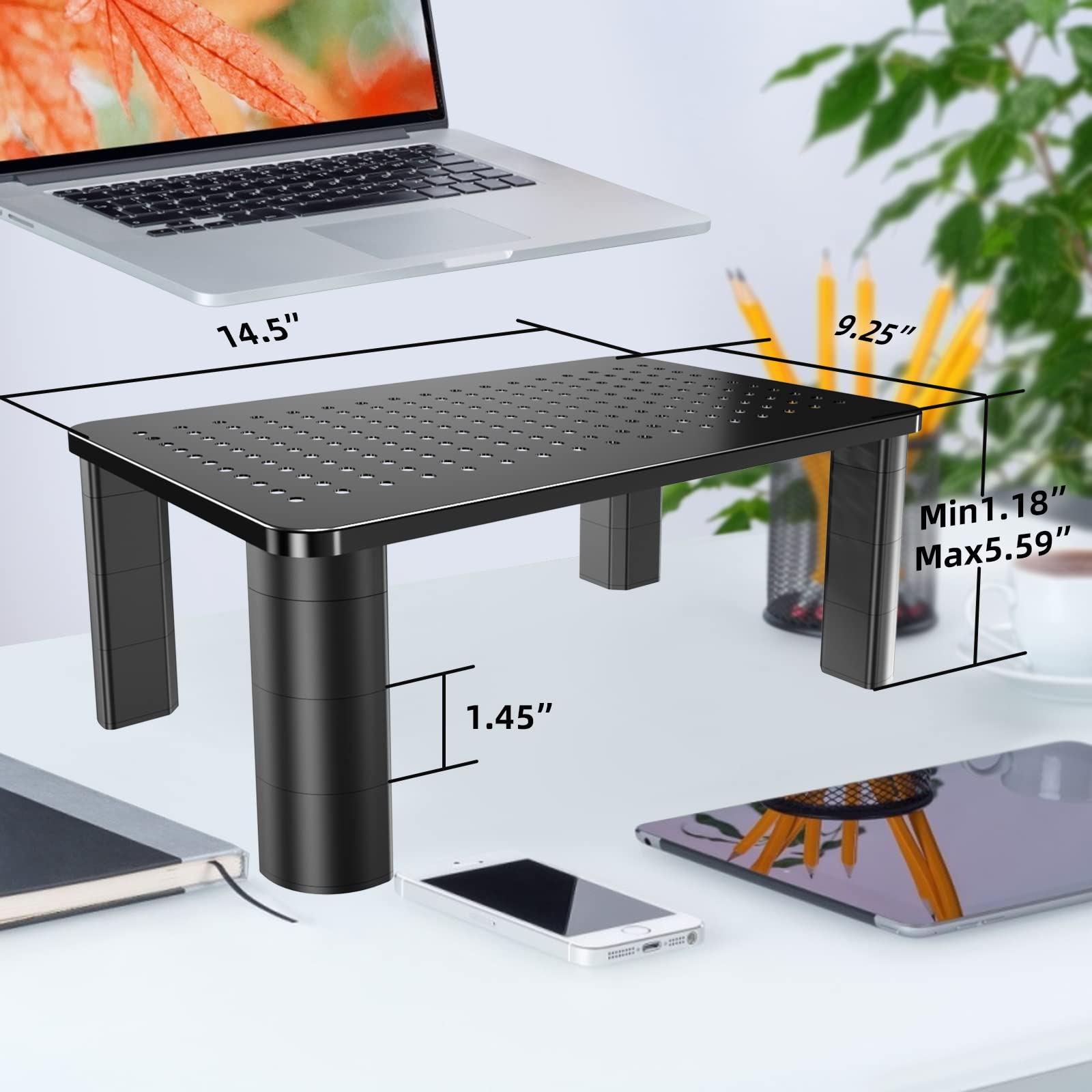 Pholiten Adjustable Monitor Stand Riser - 3 Height Settings, Ergonomic Laptop Stand with Airflow Vents, Desk Organizer for Monitors & Laptops Up to 44lbs - Perfect for Home Office, Gaming Setup and Workspace Organization