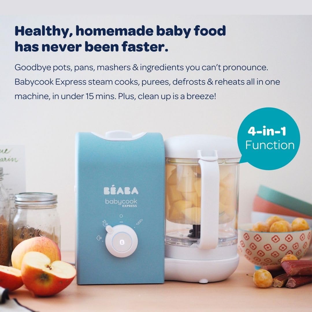 BEABA Babycook Express - Fastest Baby Food Maker & Steamer | Large Capacity 34 Servings in 15 Mins | Healthy Homemade Baby Food Processor | Baltic Blue | Perfect for Busy Parents & On-the-Go Meal Prep
