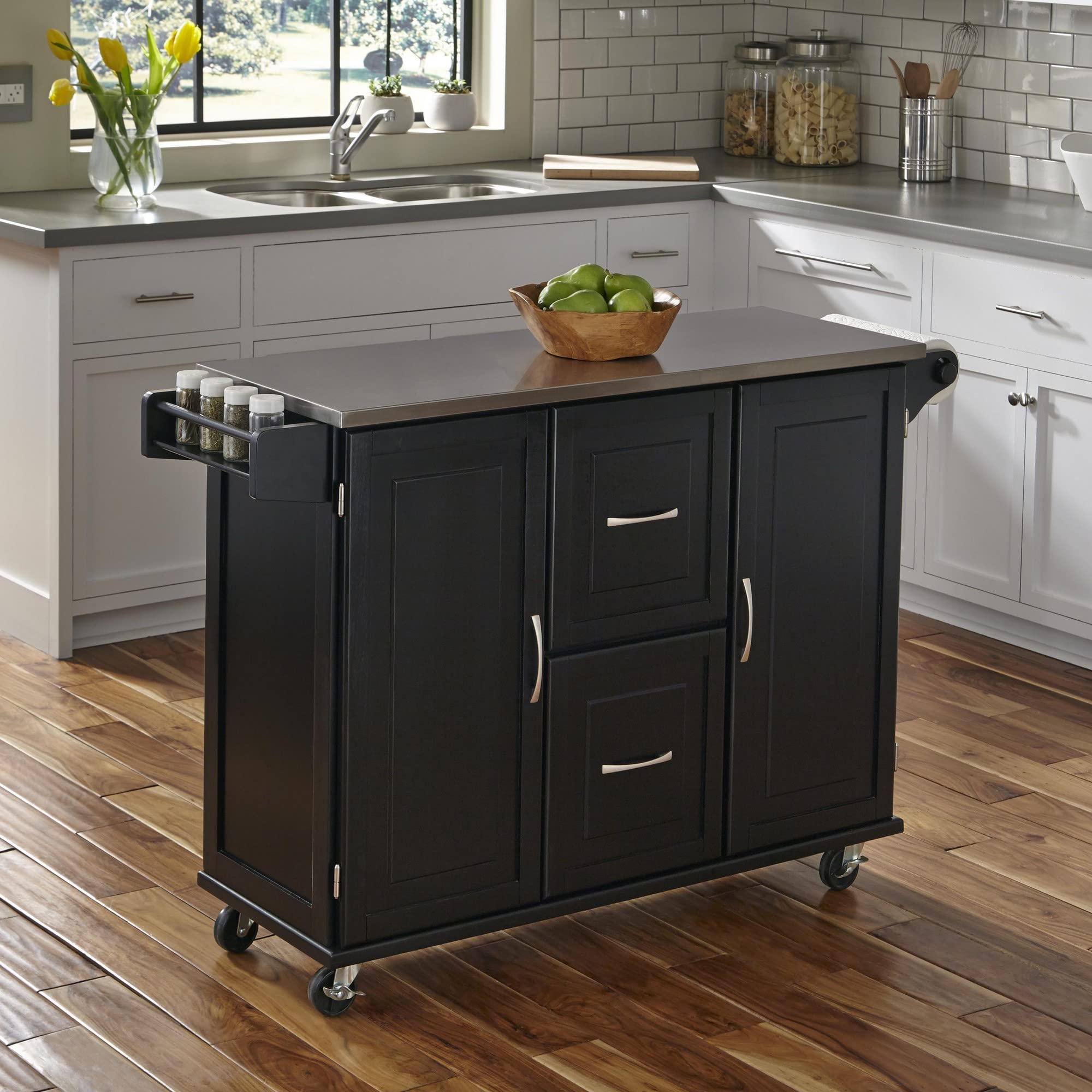 Homestyles Patriot Kitchen Cart in Black - Rolling Kitchen Island with Storage for Small Spaces, Perfect for Apartments, Dorms & Home Organization
