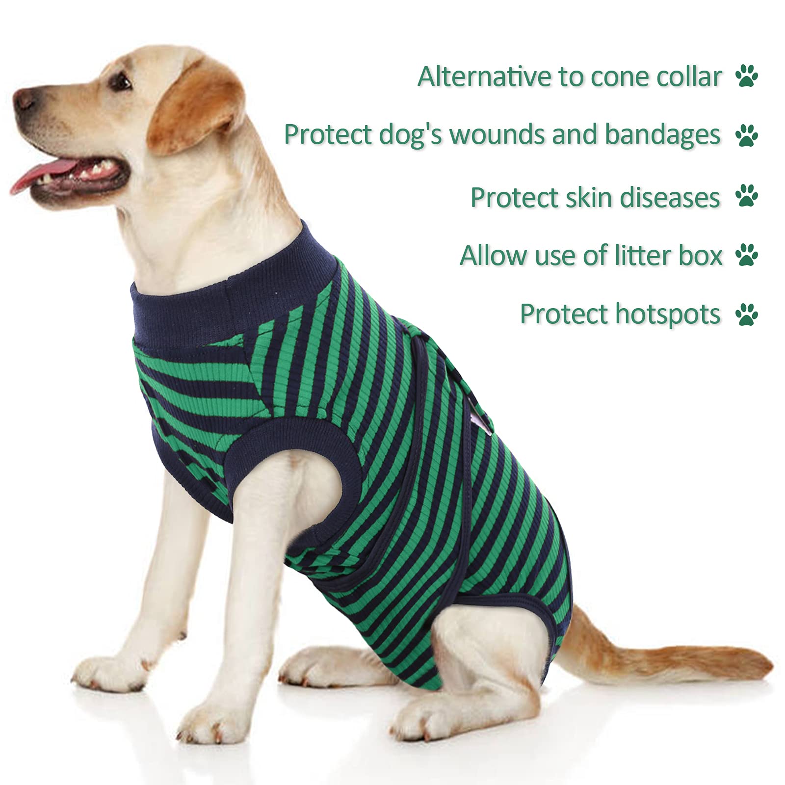 FUAMEY Post-Surgery Recovery Suit for Dogs - Soft, Breathable Dog Bodysuit Alternative to E-Collar & Cone - Male & Female Dog Neuter/Spay Suit - Anti-Licking Wound Protection Onesie - Green & Black Stripes - XXL - Ideal for Post-Operative Care, Wound Healing & Comfort