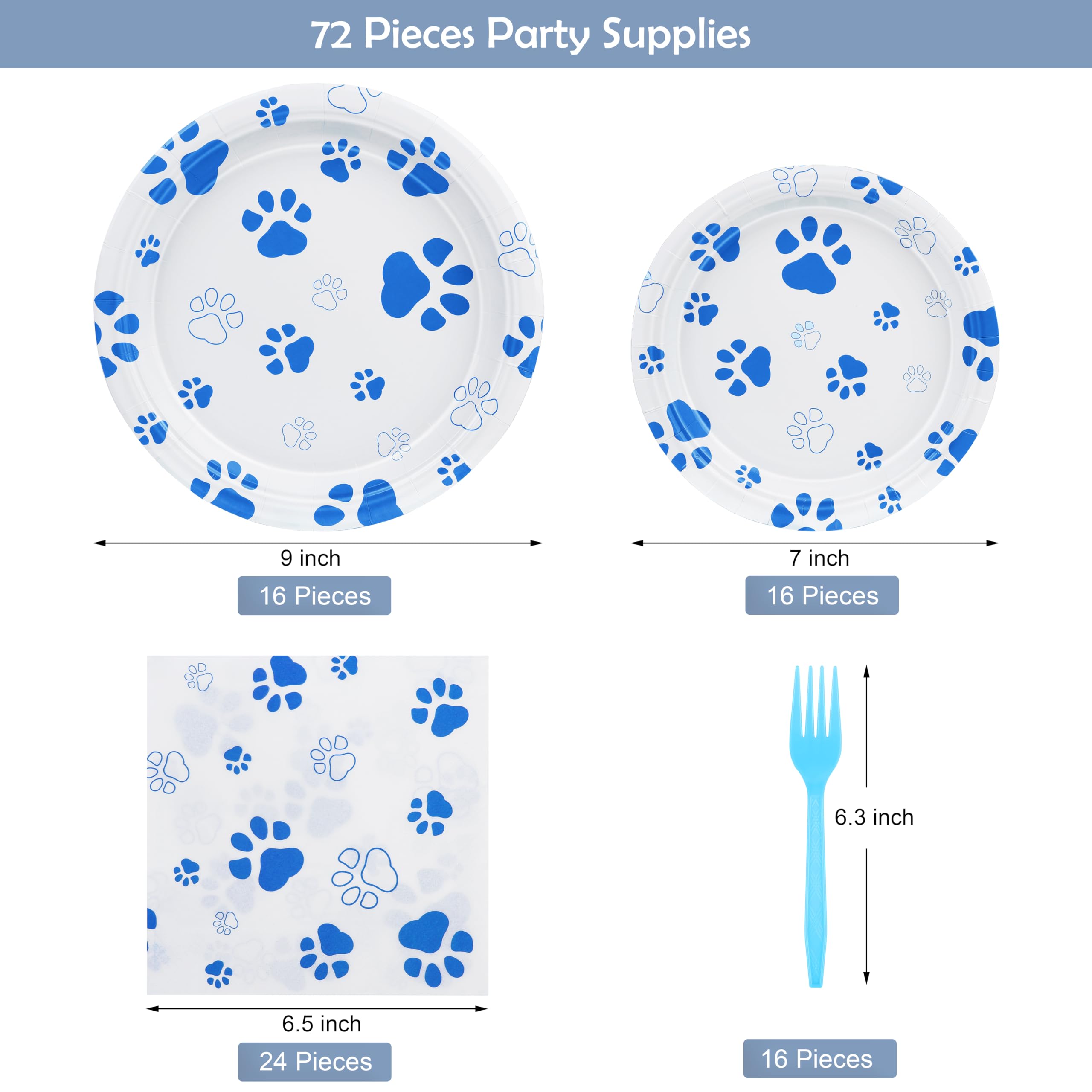 72-Piece Dog Paw Print Birthday Party Supplies Set - 32 Plates, 24 Napkins & 16 Forks | Blue Puppy Theme Party Decorations for Birthdays, Picnics, Baby Showers & Pet Celebrations