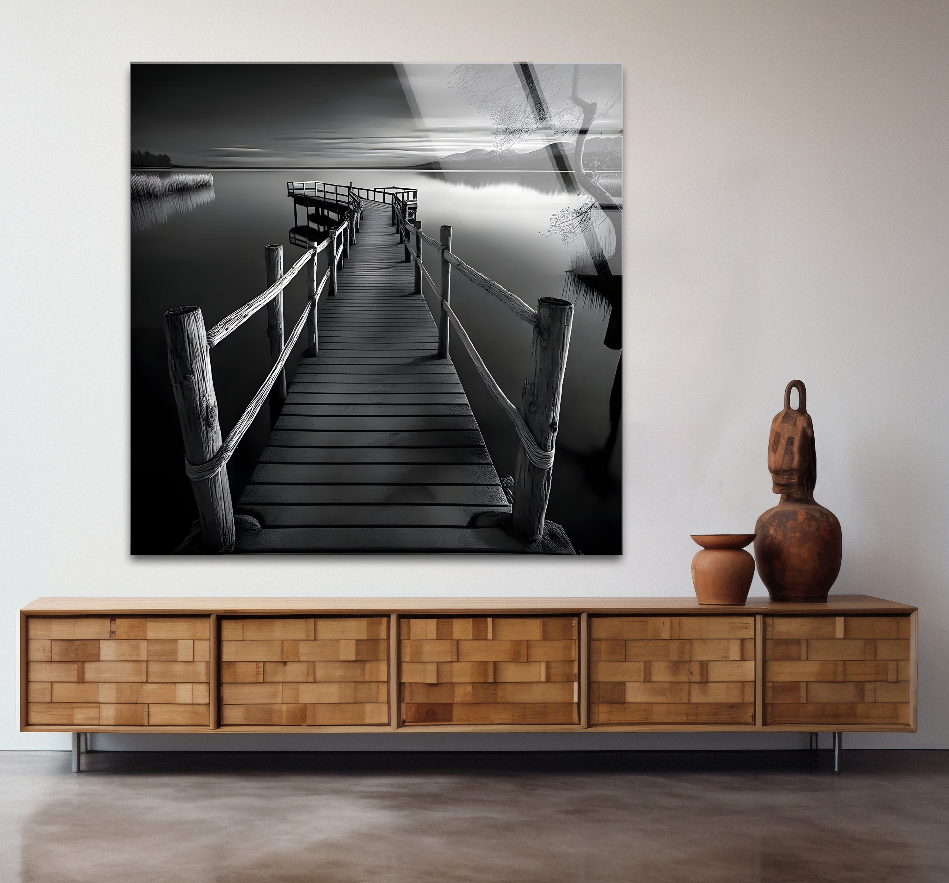 Black and White Dock Landscape Glass Wall Art - Modern Framed Home Decor for Living Room, Bedroom, Office | Coastal Nautical Theme