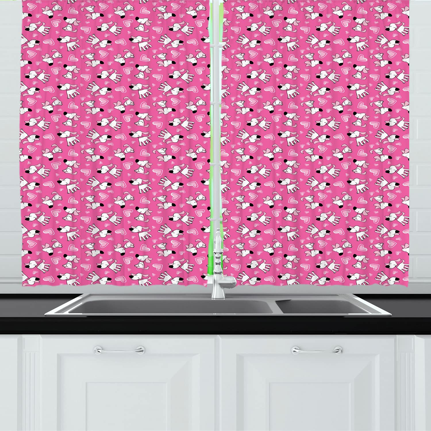 Ambesonne Dog Lover Long Kitchen Curtains - Funny Puppy & Hearts Cartoon Print, 2 Panel Rod Pocket Drapes 55x45 Inch, Pink Rose - Perfect for Pet-Friendly Homes, Cozy Kitchens & Animal-Themed Room Decor