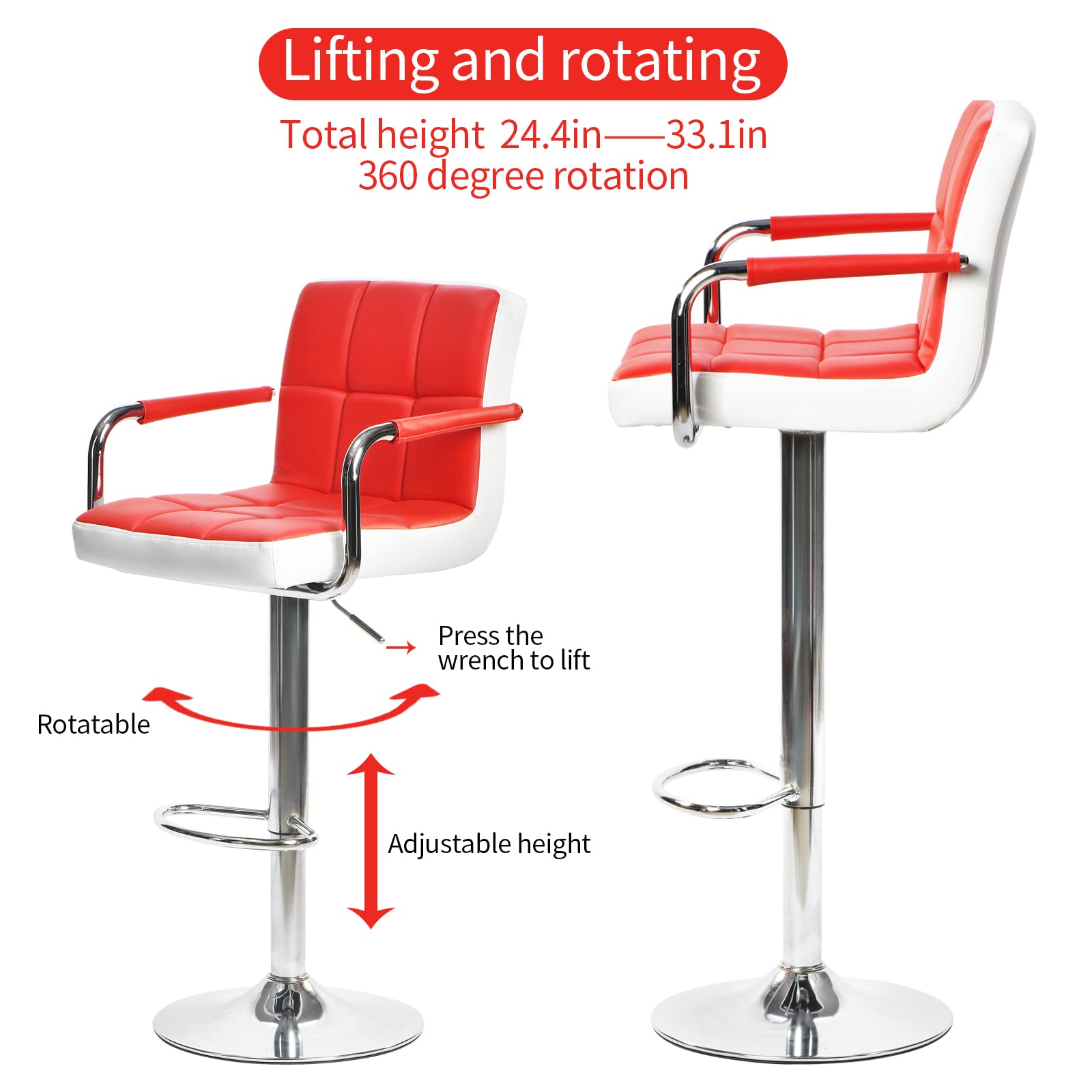 Swivel Bar Stools with Backrest & Armrests - Adjustable Height Red Bar Chairs for Home Bars, Kitchen Islands & Pub Counter Seating