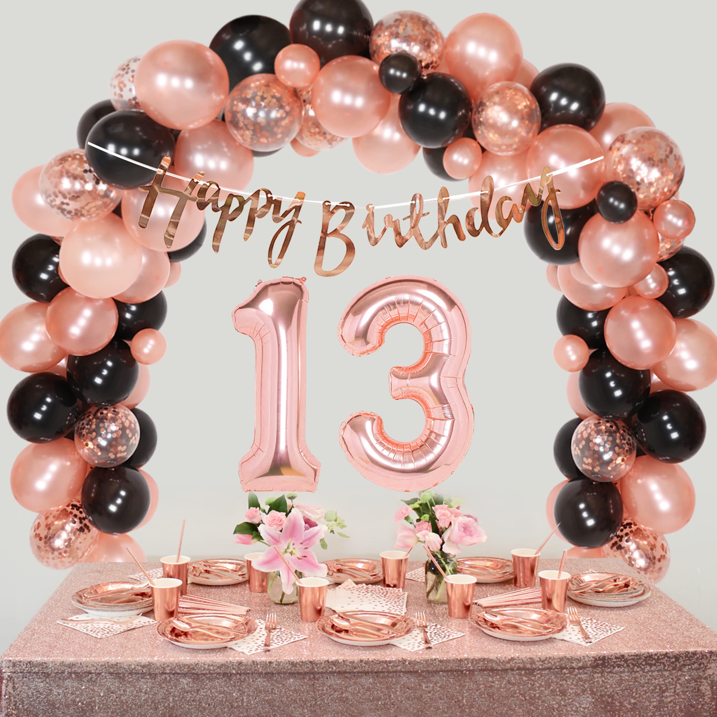 Rose Gold & Black 13th Birthday Decorations Set for Girls - Happy 13th Birthday Banner, Number 13 Sign, Confetti Balloons - Perfect for Teen Birthday Parties, Sweet 16 Prep & Milestone Celebrations