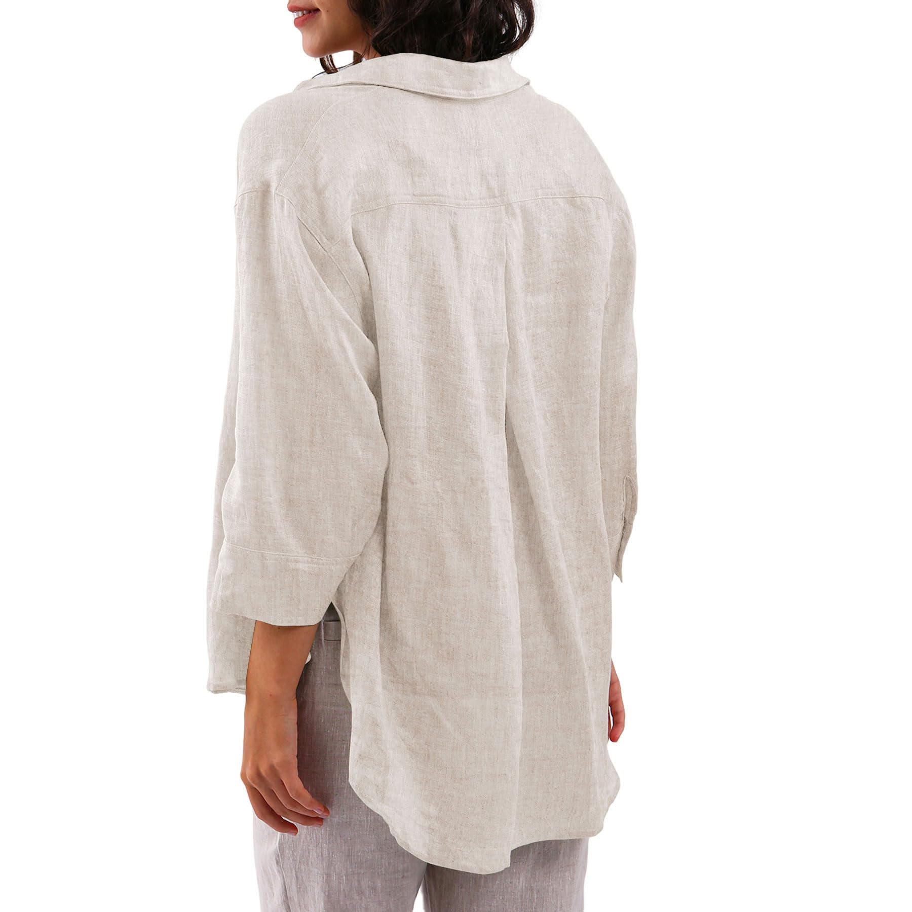 Amazhiyu Women's 100% Linen 3/4 Sleeve Button Down Shirt - Breathable Summer Blouse with High-Low Hem for Casual Outings, Beach Wear & Office Attire