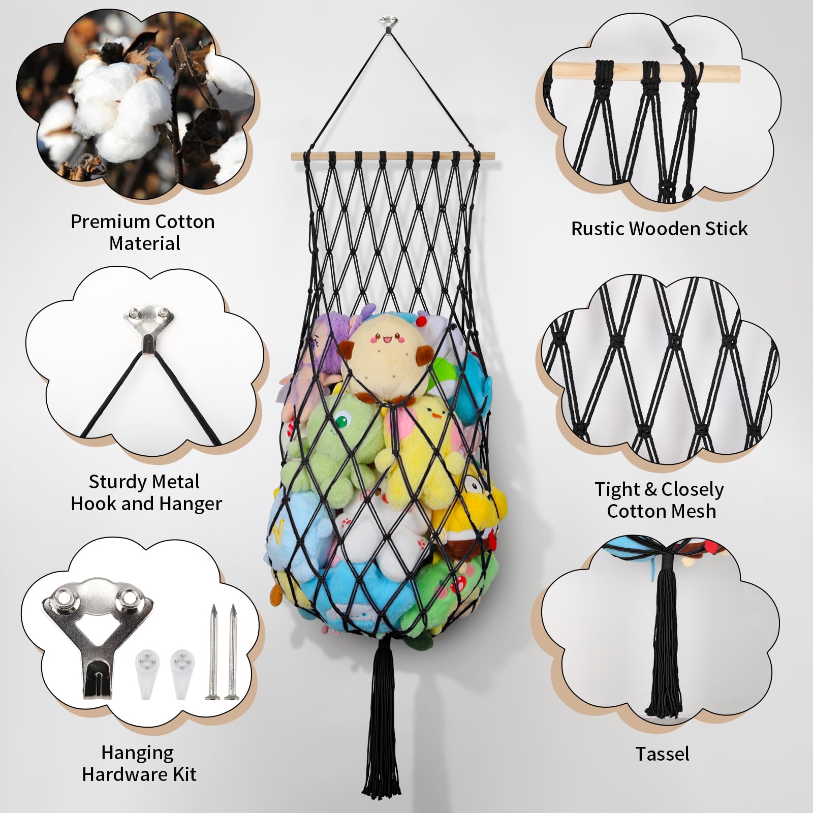 68 Inch Jumbo Macrame Vertical Stuffed Animal Hammock - Wall & Ceiling Hanging Plushie Holder for Kids Room, Nursery Decor (Black) | Perfect for Organizing Stuffed Toys in Bedrooms, Playrooms & Daycare Centers