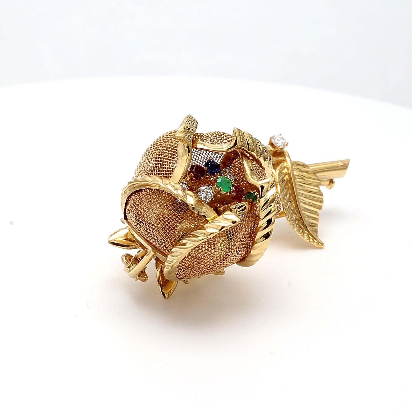 0.30 Carat Diamond & 0.82 Carat Sapphire Ruby Emerald 18K Yellow Gold Brooch Pin - Elegant Jewelry Gift for Women, Perfect for Weddings, Anniversaries & Special Occasions