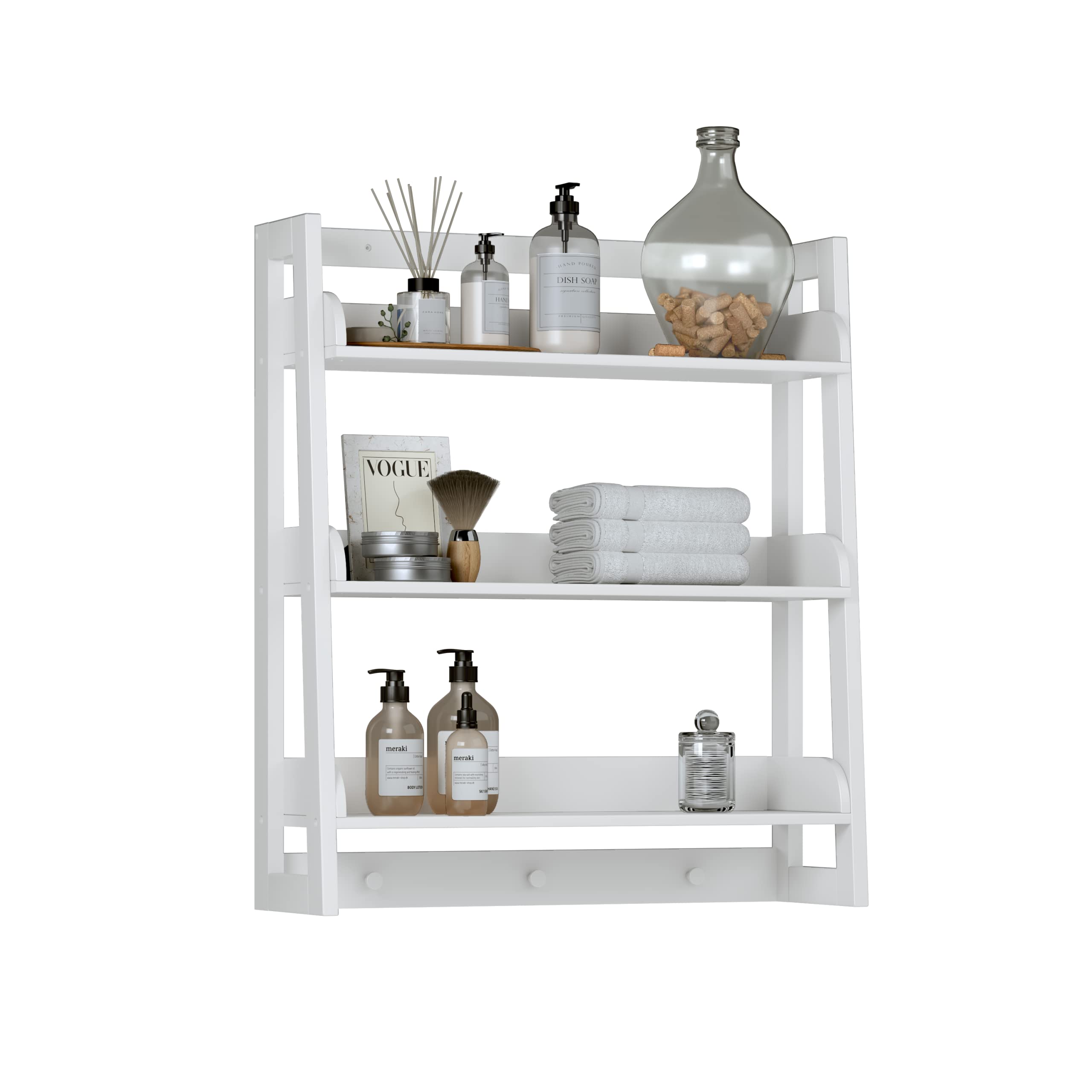 UTEX 3-Tier Over Toilet Storage Shelf Organizer - Bathroom Wall Mount Shelf with Hooks, White - Perfect for Small Bathroom Organization & Towel Storage