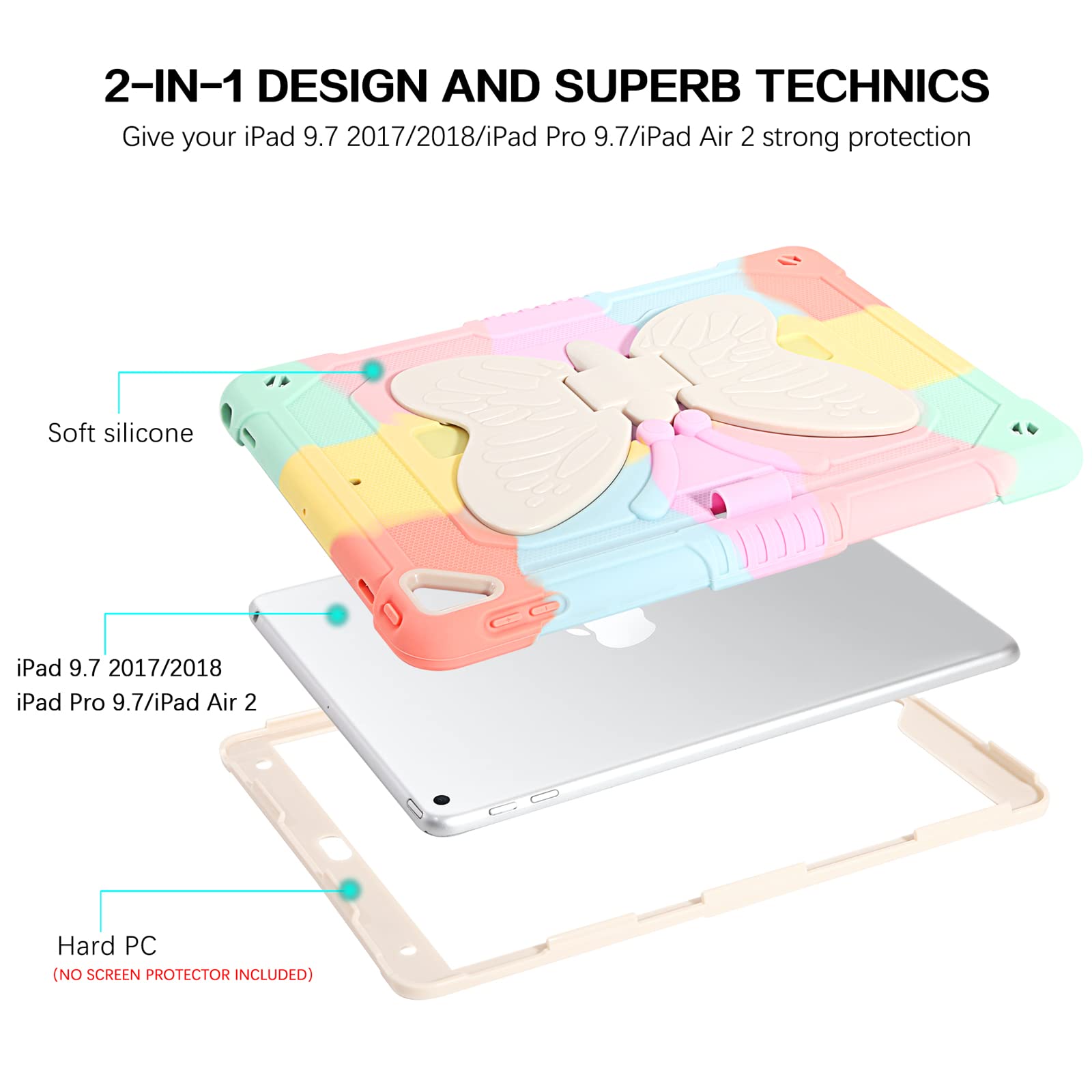 VENINGO iPad Air 2 & iPad 9.7 (5th/6th Gen) & iPad Pro 9.7 Case - Shockproof 2-in-1 Protective Cover with Stand & Pen Holder for Women - Colorful Pink | Perfect for Work, School & Travel