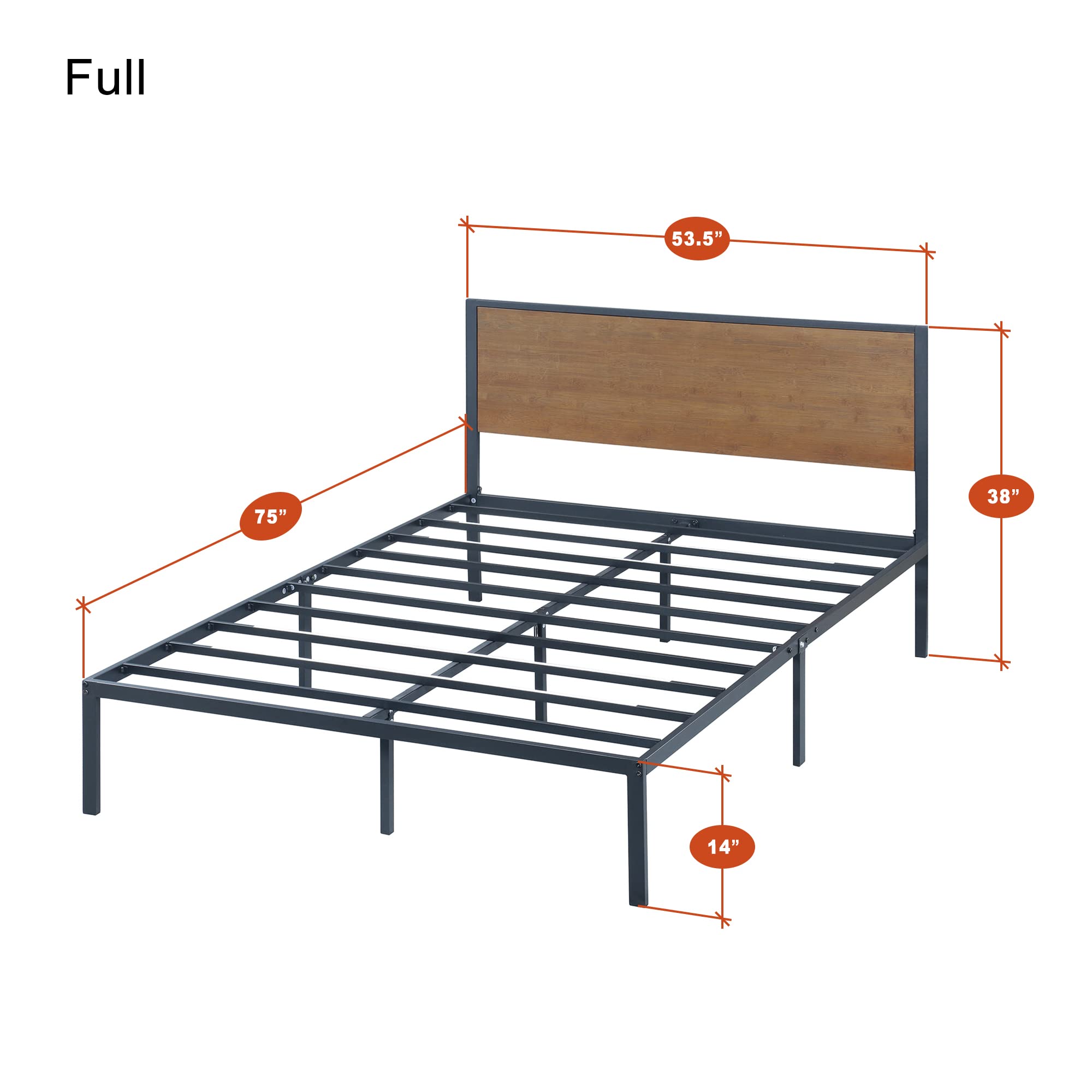 PrimaSleep 14 Inch Full Size Metal Platform Bed Frame with Bamboo Headboard - Sturdy Support, Noise-Free Design for Bedroom, Guest Room, or Dormitory