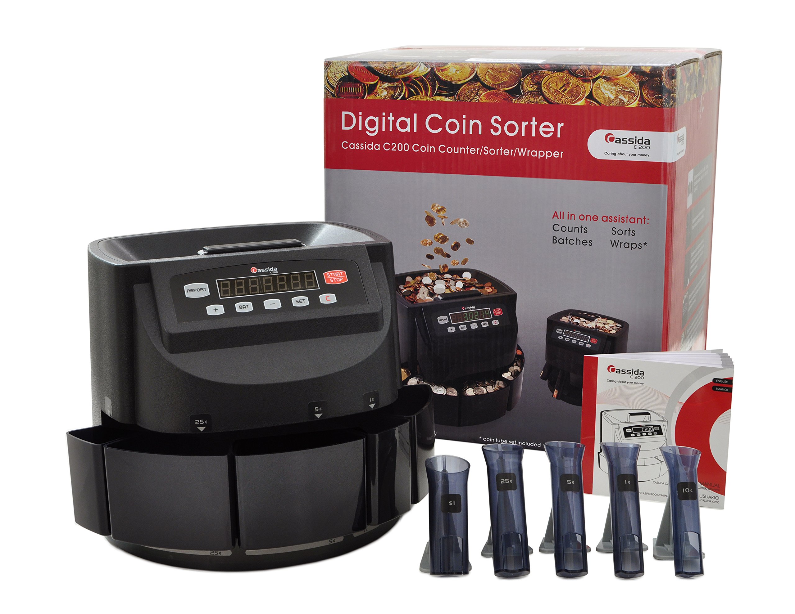 Cassida C200 Digital Coin Sorter and Counter Machine with Rolling Function - Perfect for Banks, Retail Stores, and Small Business Cash Management