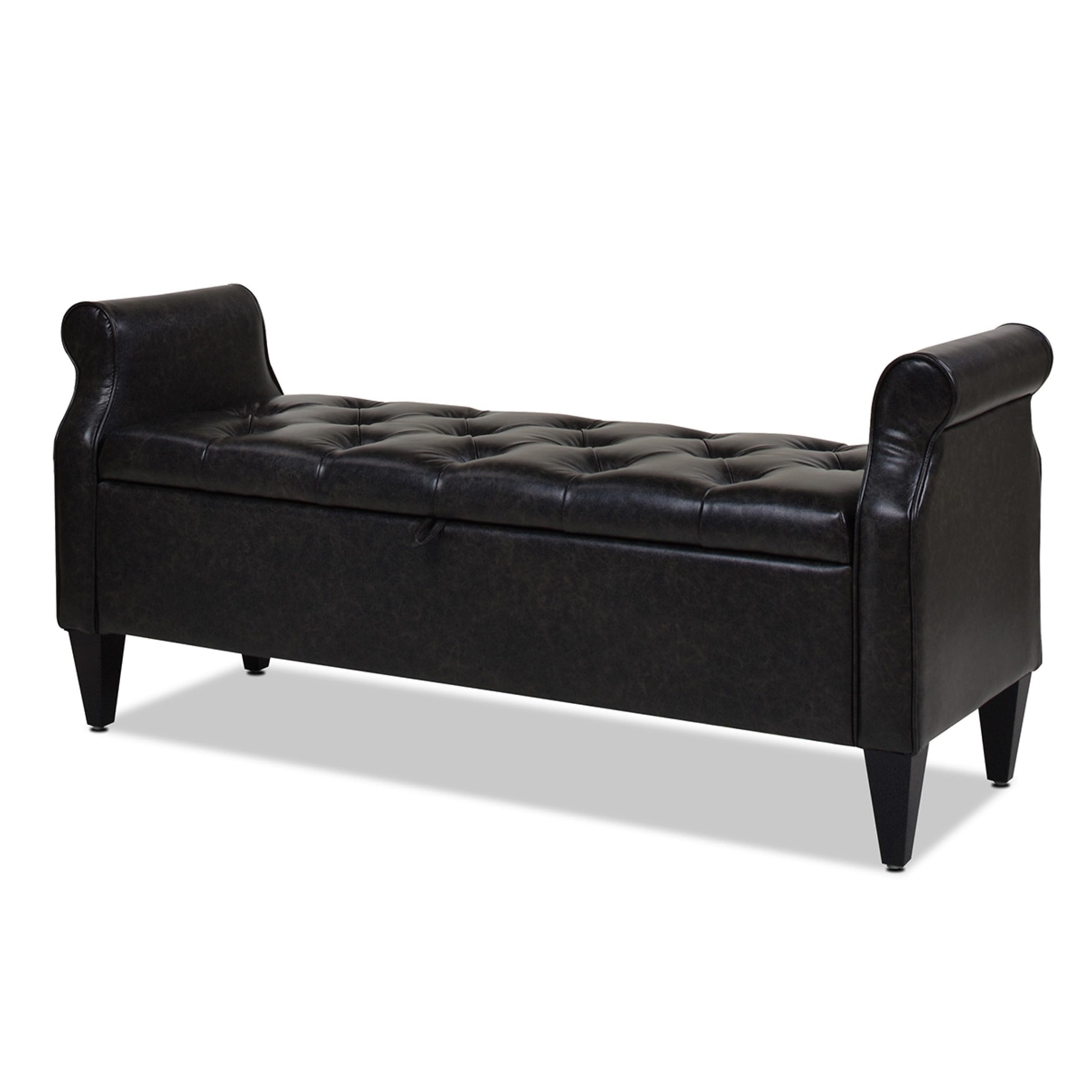 Jennifer Taylor Home Jacqueline Tufted Roll Arm Storage Bench - Vintage Black Brown Faux Leather Ottoman with Lift Top | Entryway Seating, Bedroom Storage, Living Room Decor