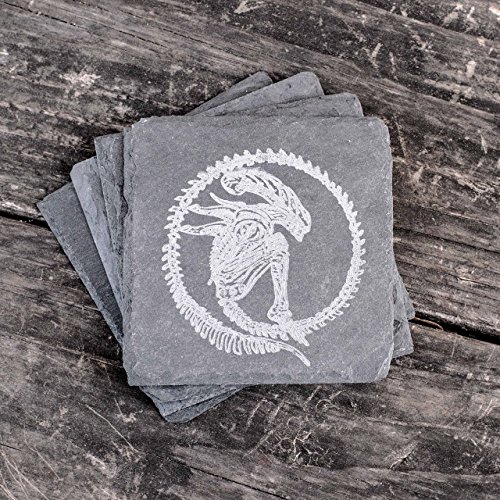 Alien Fossil Slate Coasters Set of 4 - Natural Stone Drink Coasters for Coffee Table, Bar, and Home Decor - Unique Sci-Fi Themed Gift for Men & Women