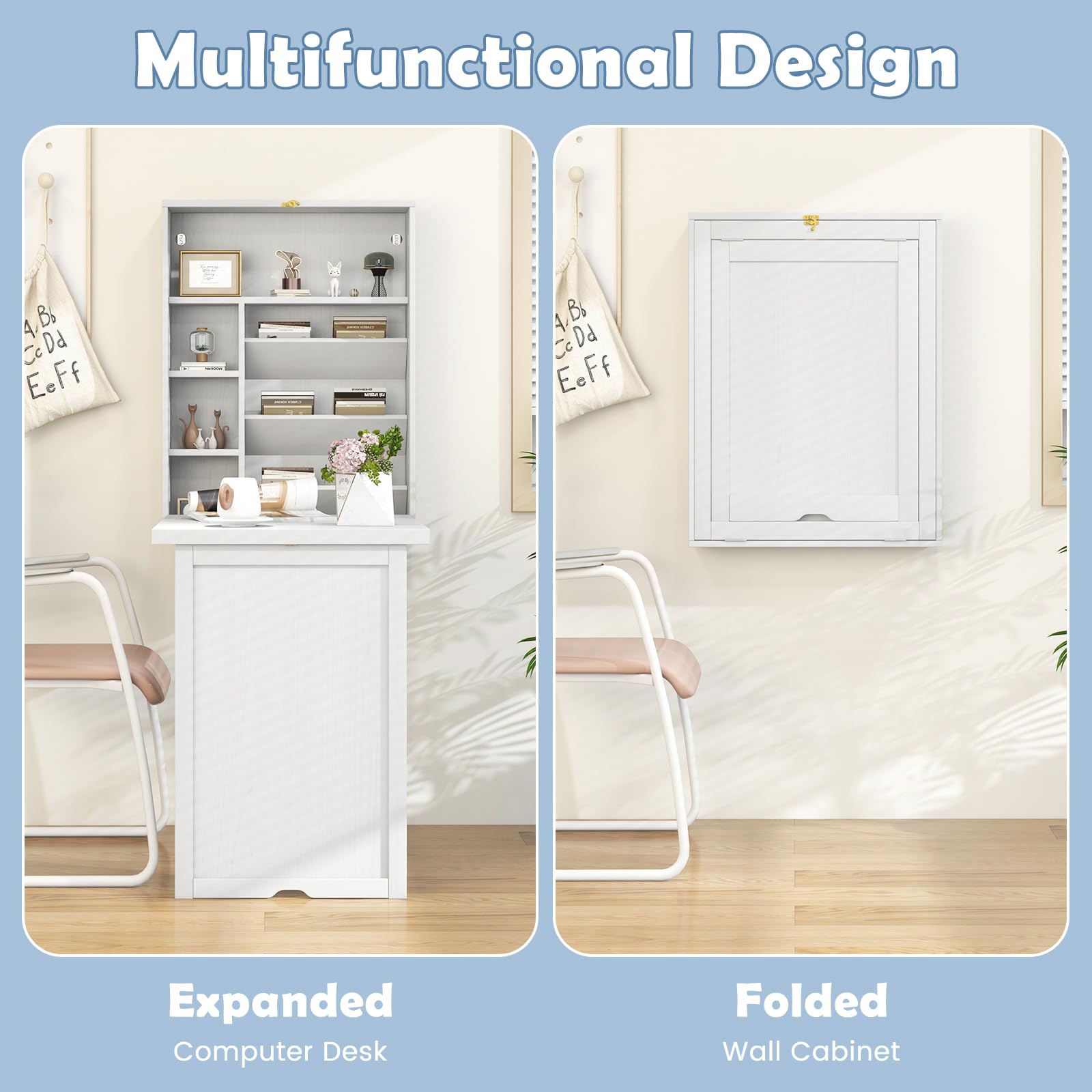 Tangkula Foldable Wall Mounted Desk with Storage Shelves & Hooks - Space Saving Floating Murphy Desk for Small Spaces, Home Office, Dorm Room - Perfect for Compact Living, Study & Workstations