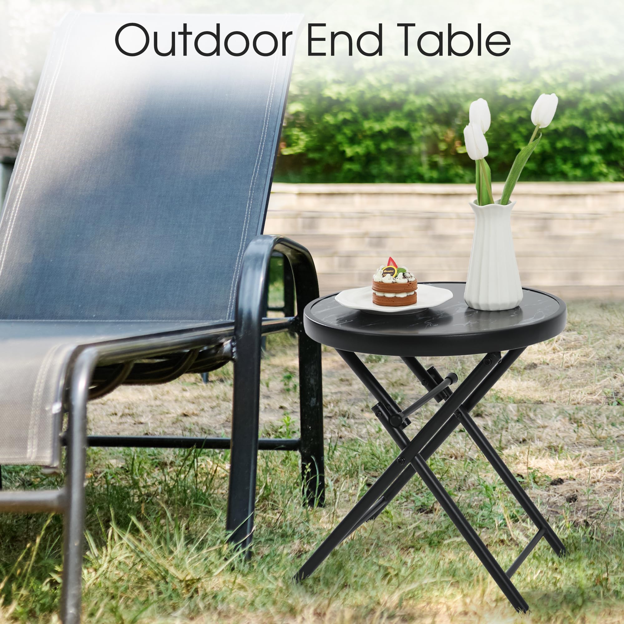 HOMEFUN Outdoor Folding Side Table with Tempered Glass Top - Portable Bistro Coffee Table for Patio, Porch, Yard, Balcony, Garden, Deck & Poolside - Perfect for Outdoor Dining, Relaxing & Entertaining - Black
