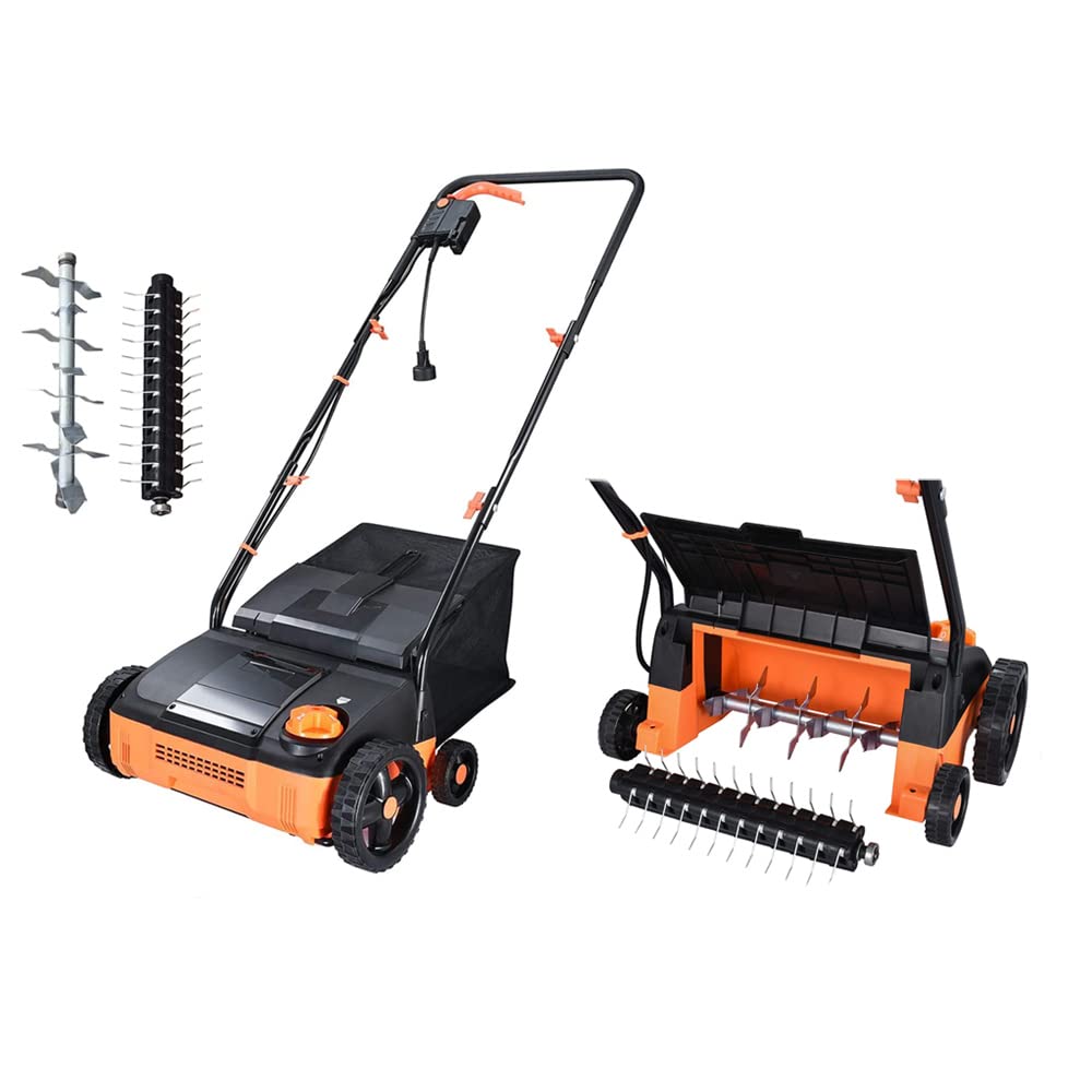 11 Amp Electric Lawn Dethatcher & Scarifier with 8 Gallon Collection Bag - 12 Inch Working Width, 4 Adjustable Heights, Tool-Free Assembly - Perfect for Spring Lawn Care & Thatch Removal