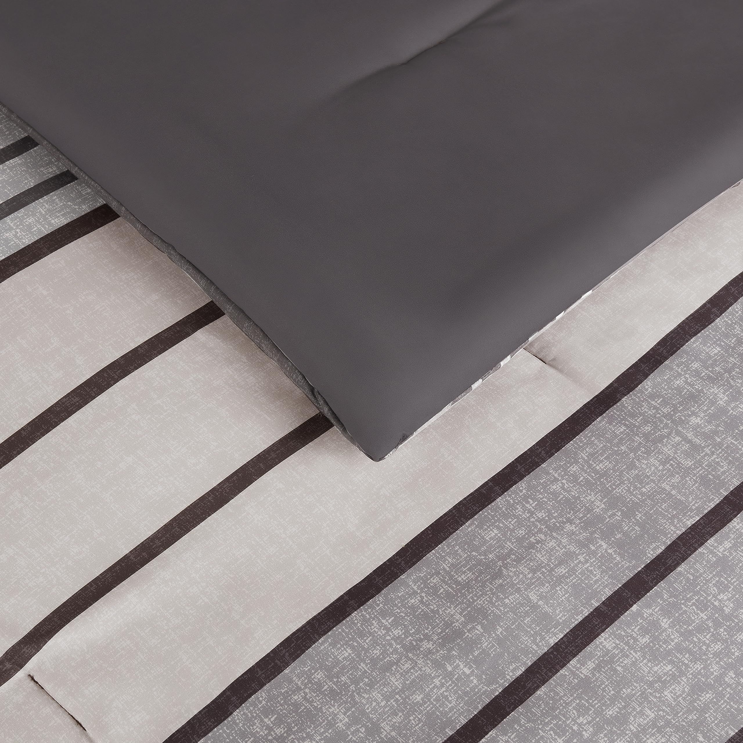 Serta Simply Clean Conrad Soft Modern 7-Piece Bed in a Bag Comforter Set with Sheets & Pillowcases | All-Season Queen Size Grey Stripe Bedding | Perfect for Guest Rooms, Dorms & Cozy Bedroom Upgrades